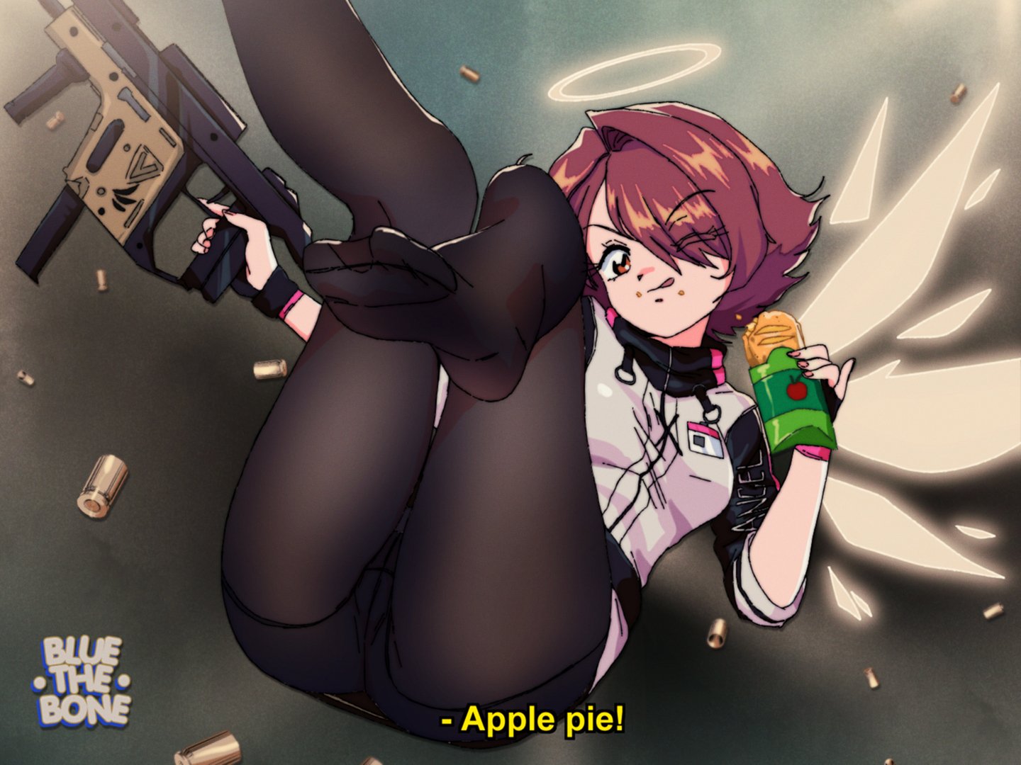 ;q, 1girls, 2020, angel wings, arknights, artist name, assault rifle, bluethebone, breasts, brown hair, bullet, cameltoe, clothed, clothing, english text, exusiai (arknights), eyebrows visible through hair, eyes visible through hair, feet, female, female only, fingerless gloves, food, gloves, gun, hair over one eye, halo, holding food, holding weapon, legs up, looking at viewer, oldschool, orange eyes, pantyhose, pussy, retro artstyle, small breasts, solo, subtitled, suspension, text, thick thighs, thighs, tongue, tongue out, watermark, weapon, wholesome