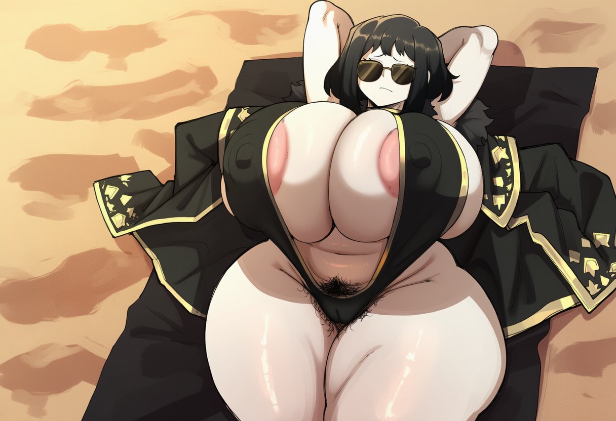 1girls, ai generated, arbiter, areolae, arms behind head, beach, beach towel, belly, big breasts, bimbasileia, black bikini, black coat, black hair, breasts, breasts bigger than head, bush, bushy pubes, child bearing hips, coat, coat on shoulders, eyes hidden, female, female only, fur collar, huge breasts, large breasts, library of ruina, nipple bulge, nipples, opaque glasses, pale skin, pale-skinned female, project moon, pubic hair, pudgy belly, relaxing, sand, short hair, sling bikini, solo, solo female, sunbathing, sunglasses, tagme, wide hips, wide thighs, zena (library of ruina)