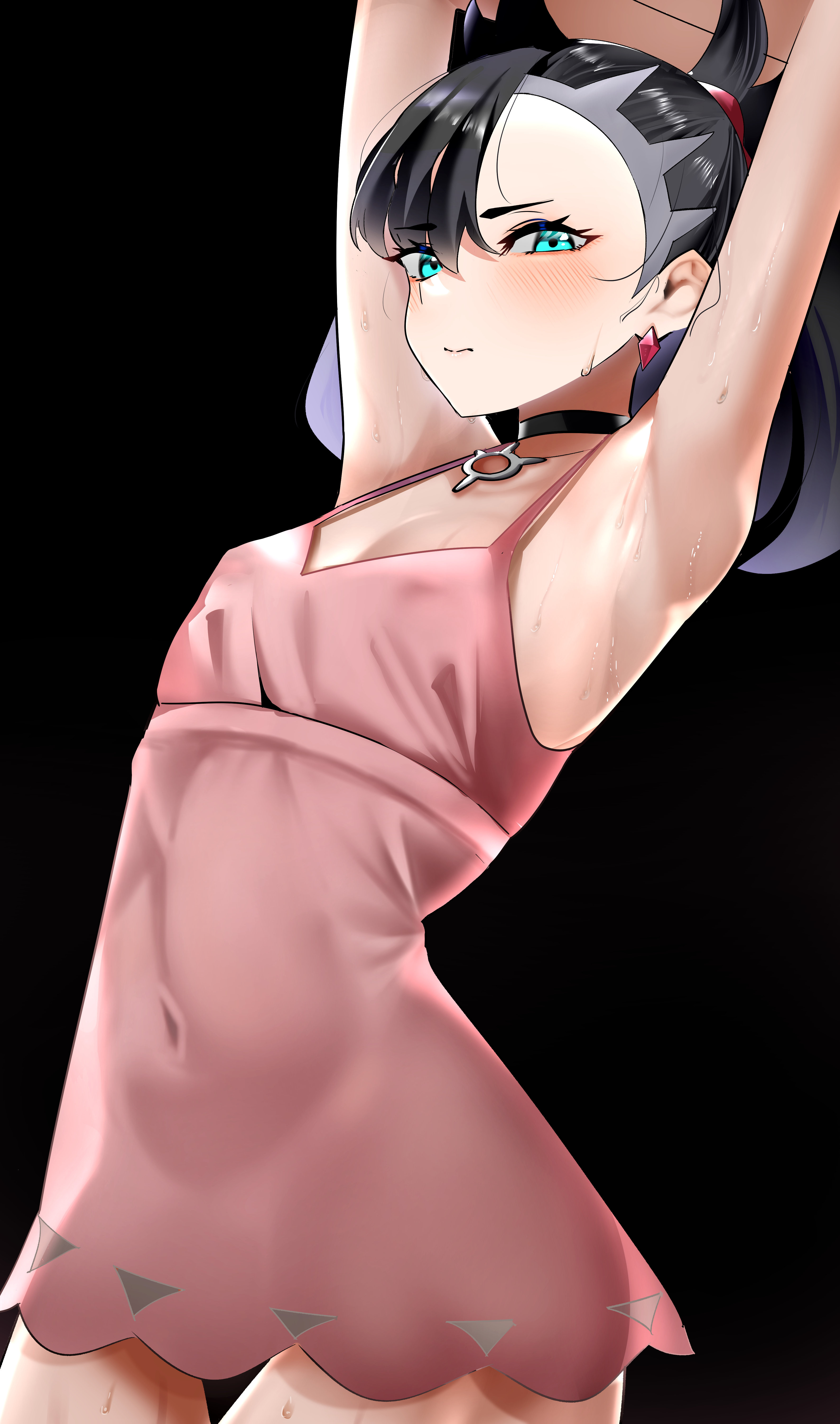 absurdres, aqua eyes, armpits, asymmetrical bangs, black background, black choker, black hair, blush, choker, closed mouth, commentary request, covered navel, dress, eyelashes, female, female only, highres, jitome no tsugumi, looking at viewer, loose hair strand, marnie (pokemon), medium hair, nintendo, pink dress, pokemon, pokemon ss, pokemon swsh, presenting armpit, simple background, solo, standing, sweat, twintails, undercut