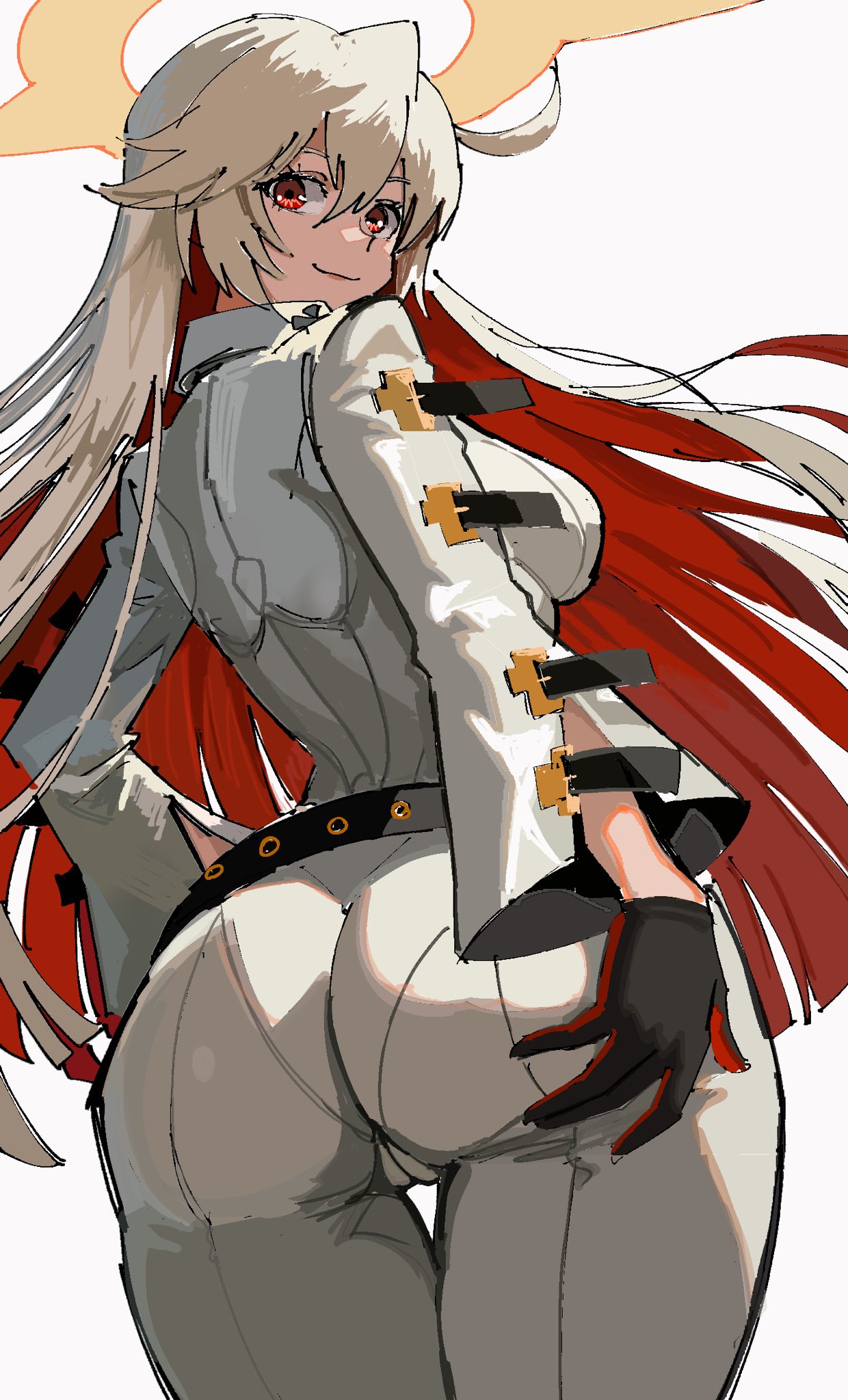 1girls, ahoge, ankh, ass, bangs, belt, big ass, black gloves, bodysuit, breasts, closed mouth, eyebrows visible through hair, female, female only, from behind, gloves, grey background, guilty gear, guilty gear xrd, hair between eyes, halo, hand on hip, jack-o' valentine, long hair, looking at viewer, looking back, loose belt, multicolored hair, nougoku uni, pantylines, red eyes, red hair, smile, solo, standing, thigh gap, thighs, two-tone hair, very long hair, white background, white hair