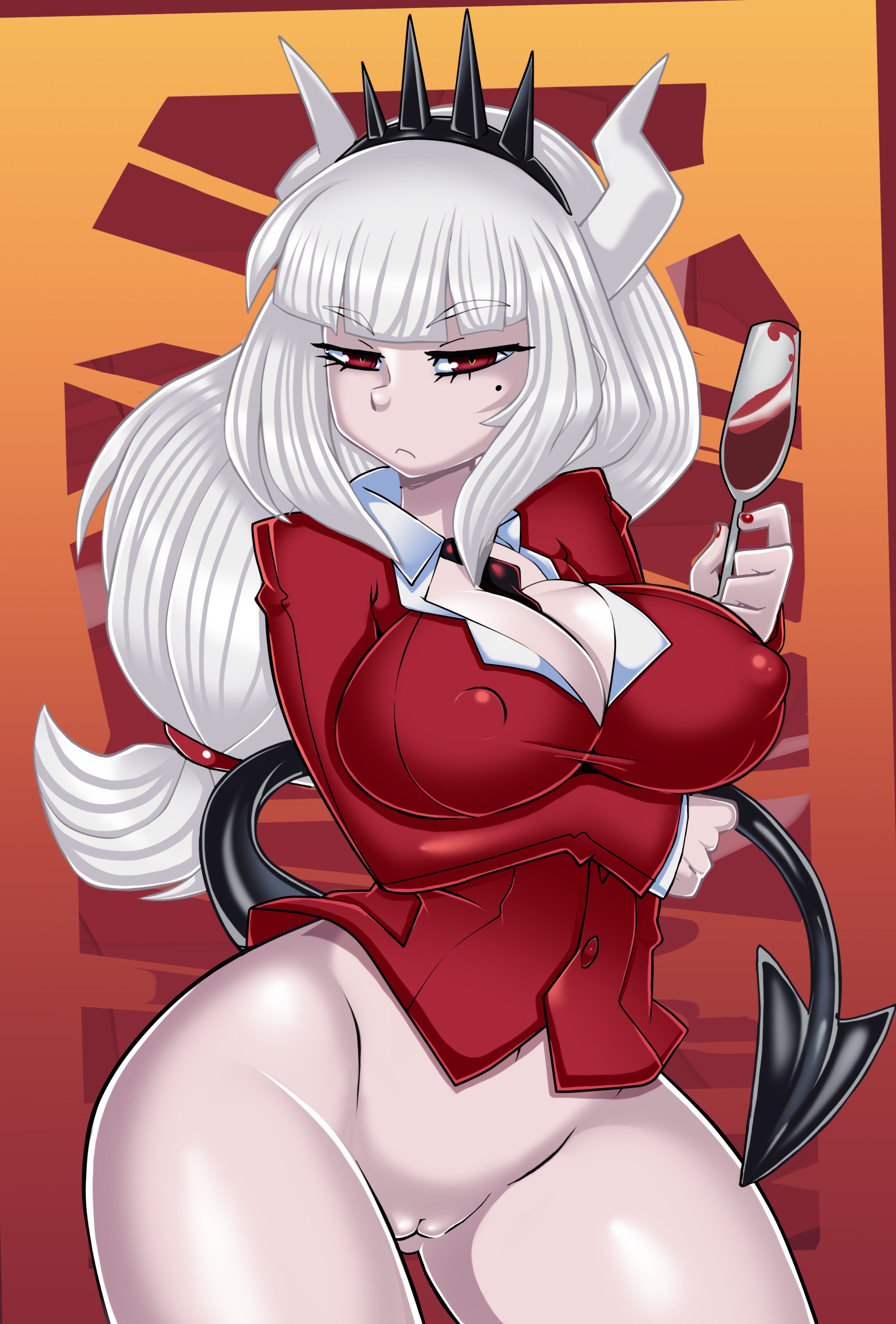 1girls, bayeuxman, bottomless, breasts, cleavage, erect nipples, female, female only, helltaker, large breasts, looking at viewer, lucifer (helltaker), nipples, pussy, solo, thick thighs, tisinrei, wide hips