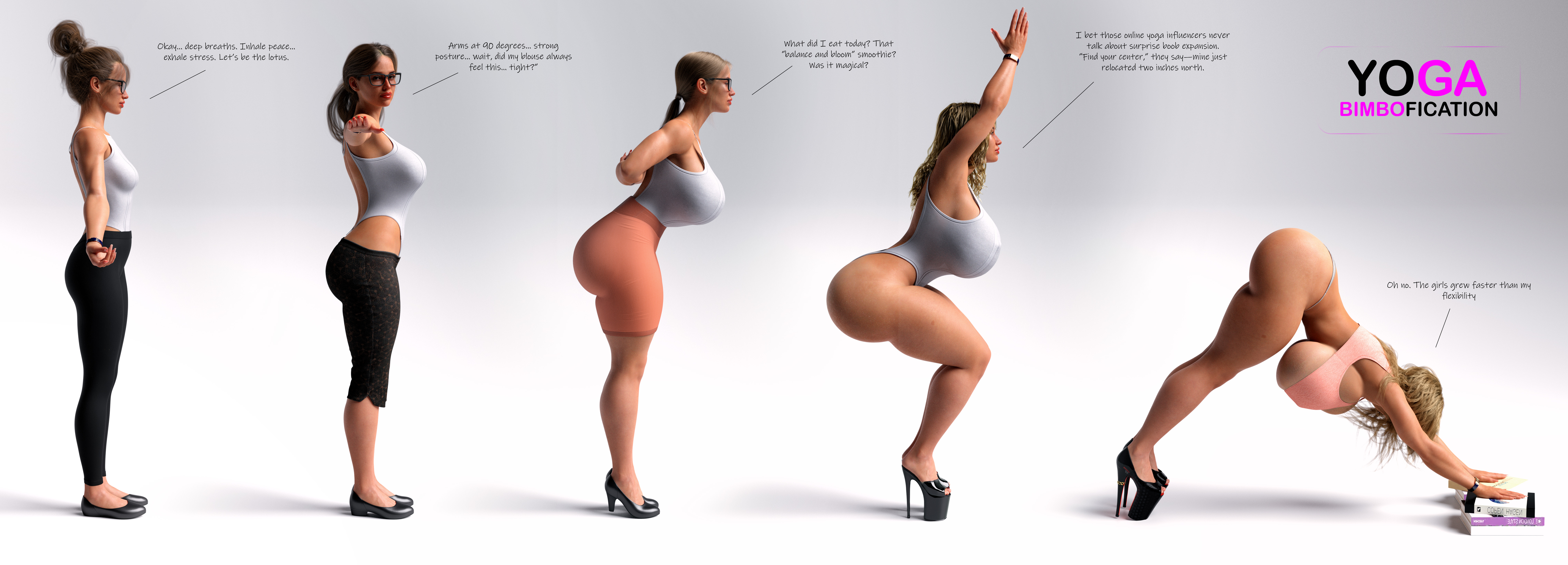 1girls, ass, ass expansion, bimbo, bimbofication, bimbofication sequence, breast expansion, breast implants, dialogue, female, female only, gigantic breasts, huge ass, huge breasts, human, implants, revealing clothes, text, transformation, transformation sequence, traveller1993