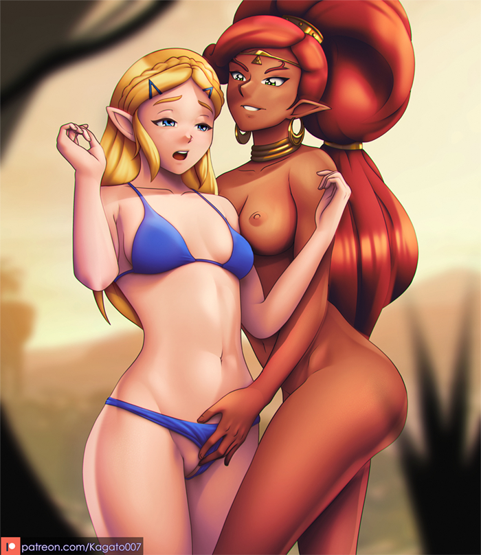 2girls, areolae, breasts, breath of the wild, chocolate and vanilla, dark skin, dark-skinned female, female, female only, gerudo, interracial, interracial yuri, kagato007, lesbian sex, multiple females, multiple girls, nintendo, nipples, princess zelda, the legend of zelda, urbosa, yuri, zelda (breath of the wild)
