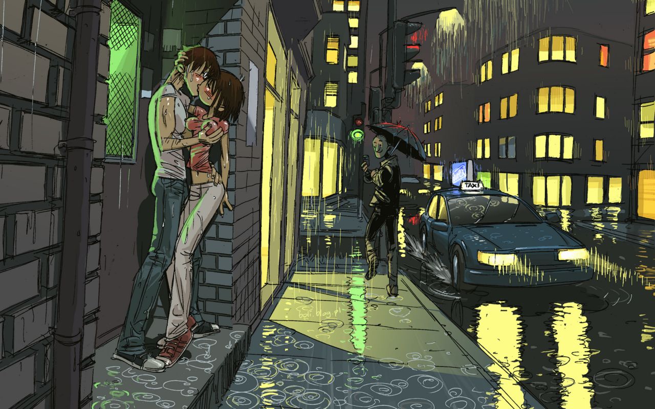 1boy, 1girls, against wall, au (artist), boli-blog, breasts, brown hair, female, holding breast, male, nipple bulge, public, rain, raining, standing sex, tiptoes, wet clothes