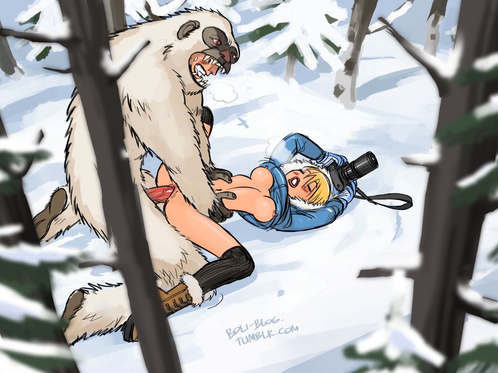 1boy, 1girls, au (artist), boli-blog, breasts, female, male, no pants, outdoors, penis, pussy, snow, straight, vaginal penetration, yeti