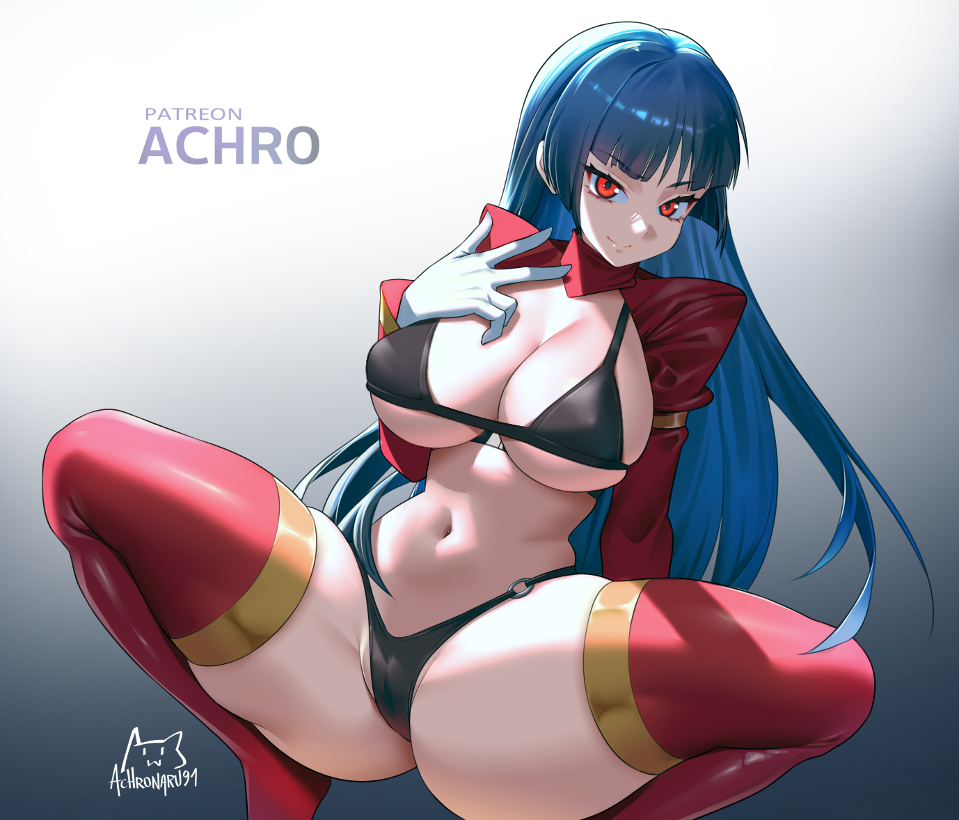 achromaru, ass, bikini, black bikini, blue hair, breasts, closed mouth, commentary, curvy, female, female only, gloves, grey background, huge ass, large breasts, long hair, navel, nintendo, pokemon, pokemon frlg, red eyes, red thighhighs, sabrina (pokemon), shrug (clothing), smile, solo, spread legs, squatting, stomach, swimsuit, thick thighs, thighhighs, thighs, thong, thong bikini, very long hair, w, white gloves, wide hips