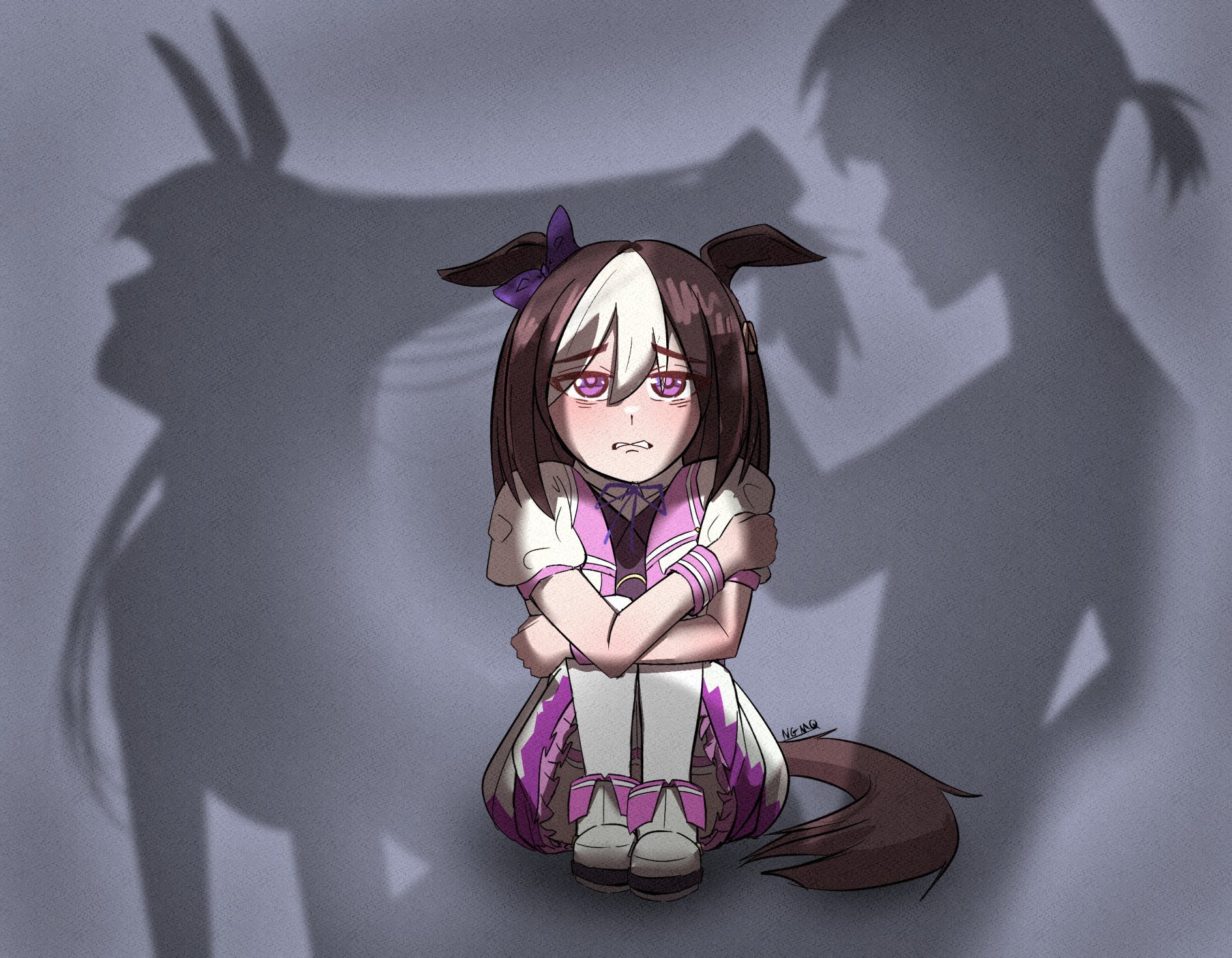 1boy, 1girls, 2d, 2d (artwork), 2d artwork, 2girls, about to cry, animal ears, backshots, bicolored hair, bob cut, brown hair, clothed, clothed female, crouched, cucking, cuckolding, cuckquean, cygames, dominant male, ear bow, female, from behind, grabbing hair, hair bun, hair ornament, hair pull, horse, horse ears, horse girl, horse tail, implied nudity, implied sex, long hair, male, meme, meme reference, multicolored hair, multiple girls, netorare, ngmq, ntr, nude female, nude male, offscreen sex, ponytail, pulling hair, sad, sad expression, sad face, sex, shadow, short hair, shoulder length hair, shoulder-length hair, silence suzuka (umamusume), silhouette, silhouette sex, silhouetted body, silhouettes, sitting on floor, special week (umamusume), spica trainer (umamusume), straight bangs, straight hair, streaked hair, submissive female, trainer (umamusume), two-tone hair, umamusume, umamusume pretty derby, watching, watching sex, white hair