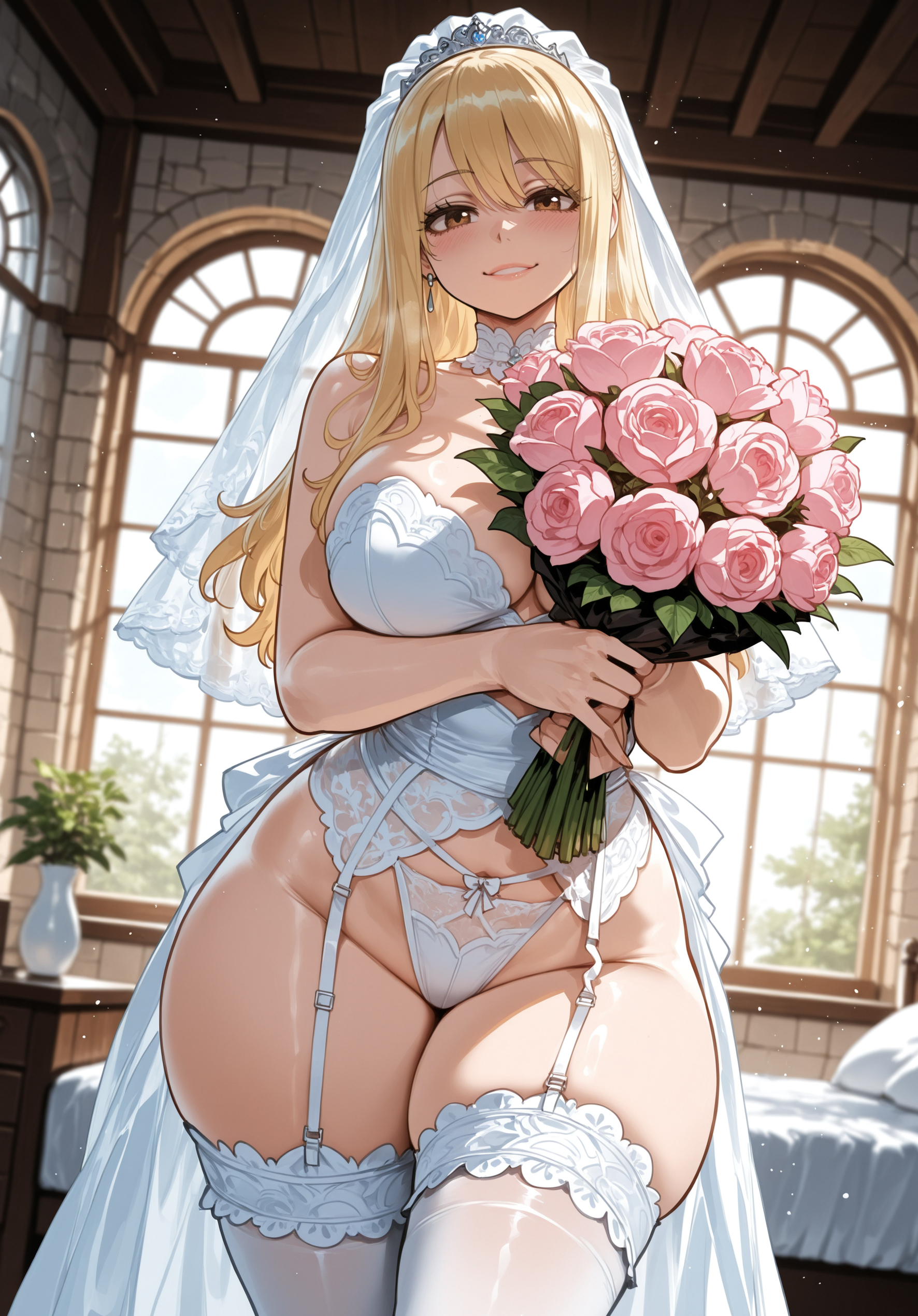 1girls, ai generated, big ass, big breasts, big butt, big thighs, blonde hair, bridal veil, brown eyes, curvy, fairy tail, flower, hot, huge ass, huge breasts, huge butt, huge thighs, looking at viewer, lucy heartfilia, miyuai, sexy, sexy body, solo, thick, thick ass, thick body, thick butt, thick legs, thick thighs, wedding dress, wedding lingerie, yellow hair