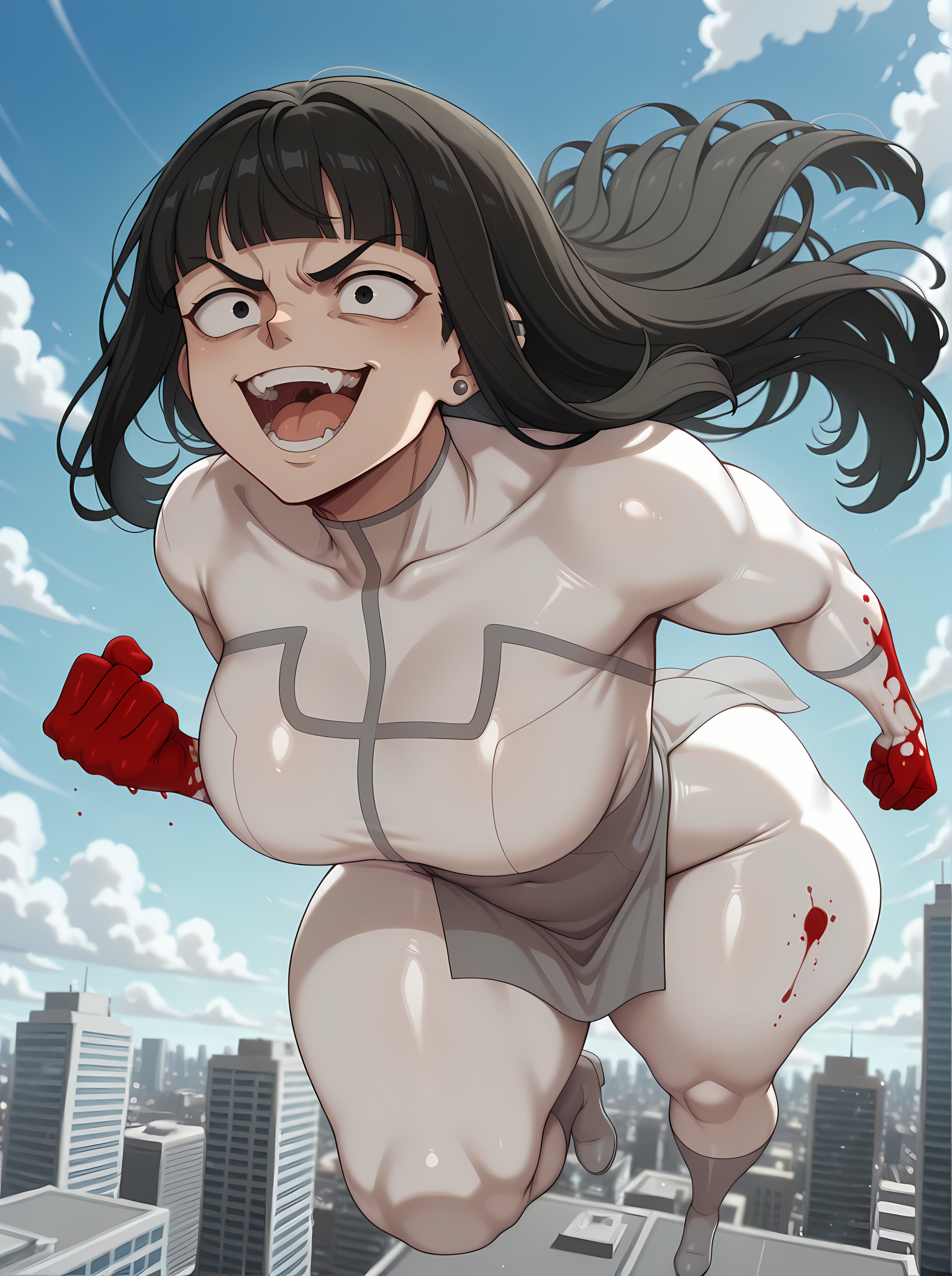 1girls, 2025, ai generated, big breasts, black eyes, black hair, blood drip, blood on hand, bodysuit, child bearing hips, cosplay, earrings, el memc, evil, evil smile, female, female only, flying, huge breasts, hyper breasts, invincible, invincible (tv series), looking away, looking pleasured, looking up, melina (memch0), memch0, muscular, muscular female, oc, original, original character, piercings, thick thighs, thunder thighs, tight clothing, viltrumite