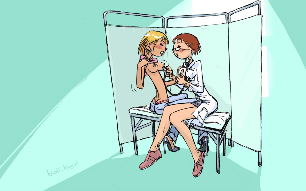 2girls au_(artist) boli-blog doctor doctor_on_patient exam_table high_heels holding_breast multiple_girls shirt_lift unprofessional_behavior