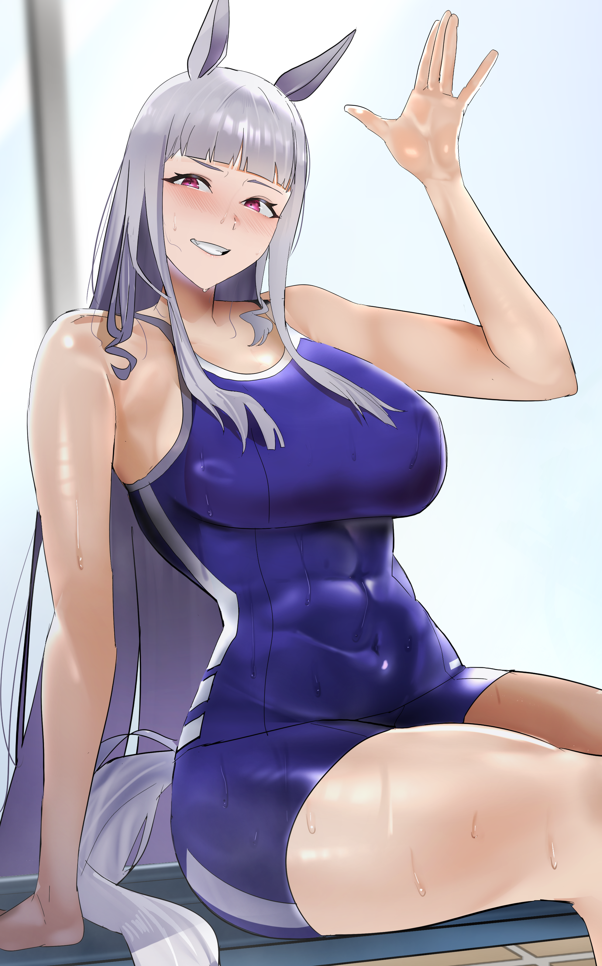1girls, absurdres, animal ears, bare arms, bare shoulders, big breasts, blue one-piece swimsuit, blunt bangs, blush, breasts, female, female only, gold ship (umamusume), grey hair, grin, highres, horse ears, horse tail, jitome no tsugumi, large breasts, long hair, looking at viewer, one-piece swimsuit, purple eyes, sidelocks, smile, solo, swimsuit, tail, umamusume