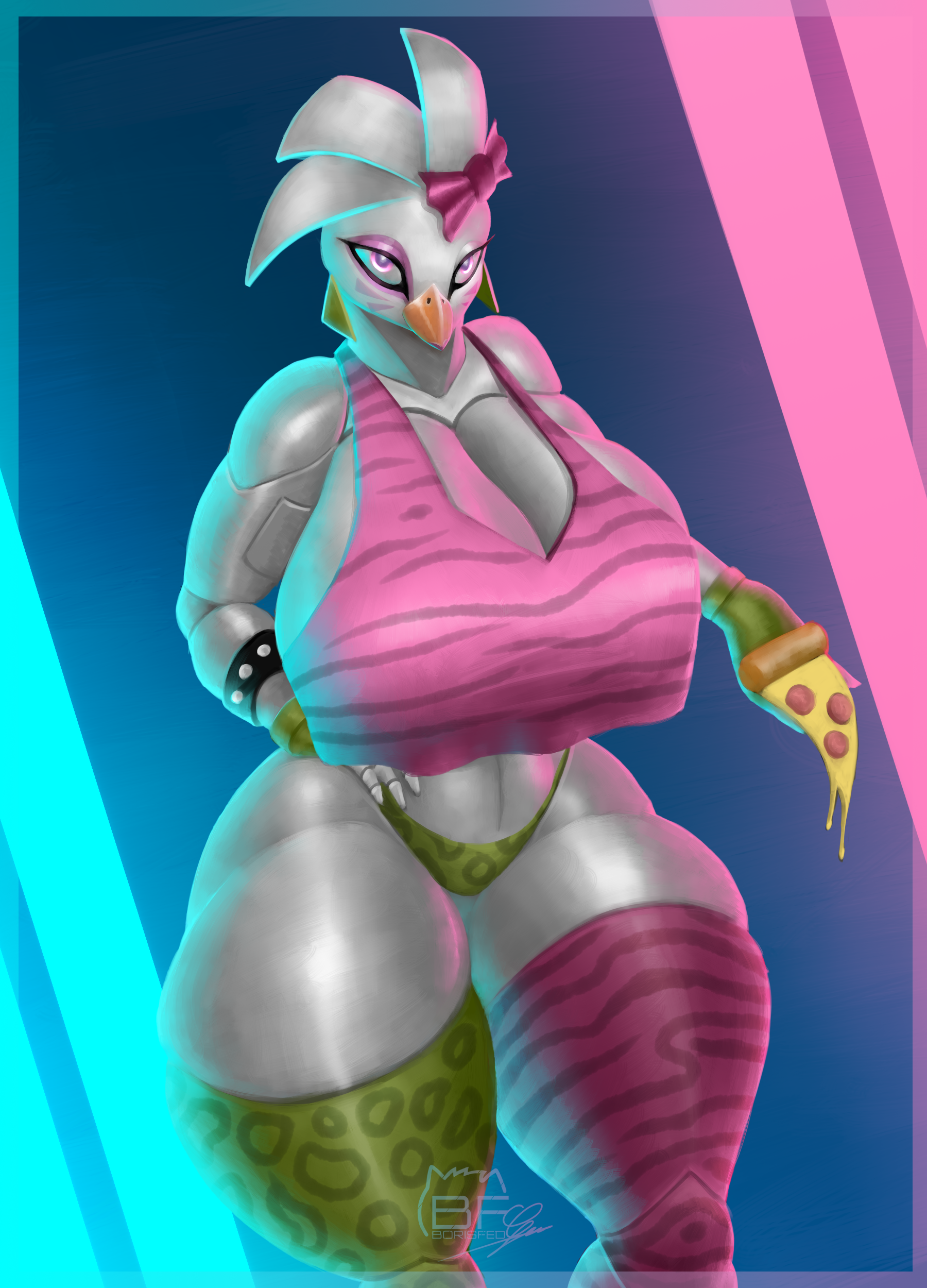 1girls, animatronic, anthro, big breasts, big hips, borisfed, female, five nights at freddy's, five nights at freddy's: security breach, glamrock chica (fnaf), looking at viewer, pizza slice, solo, thighhighs