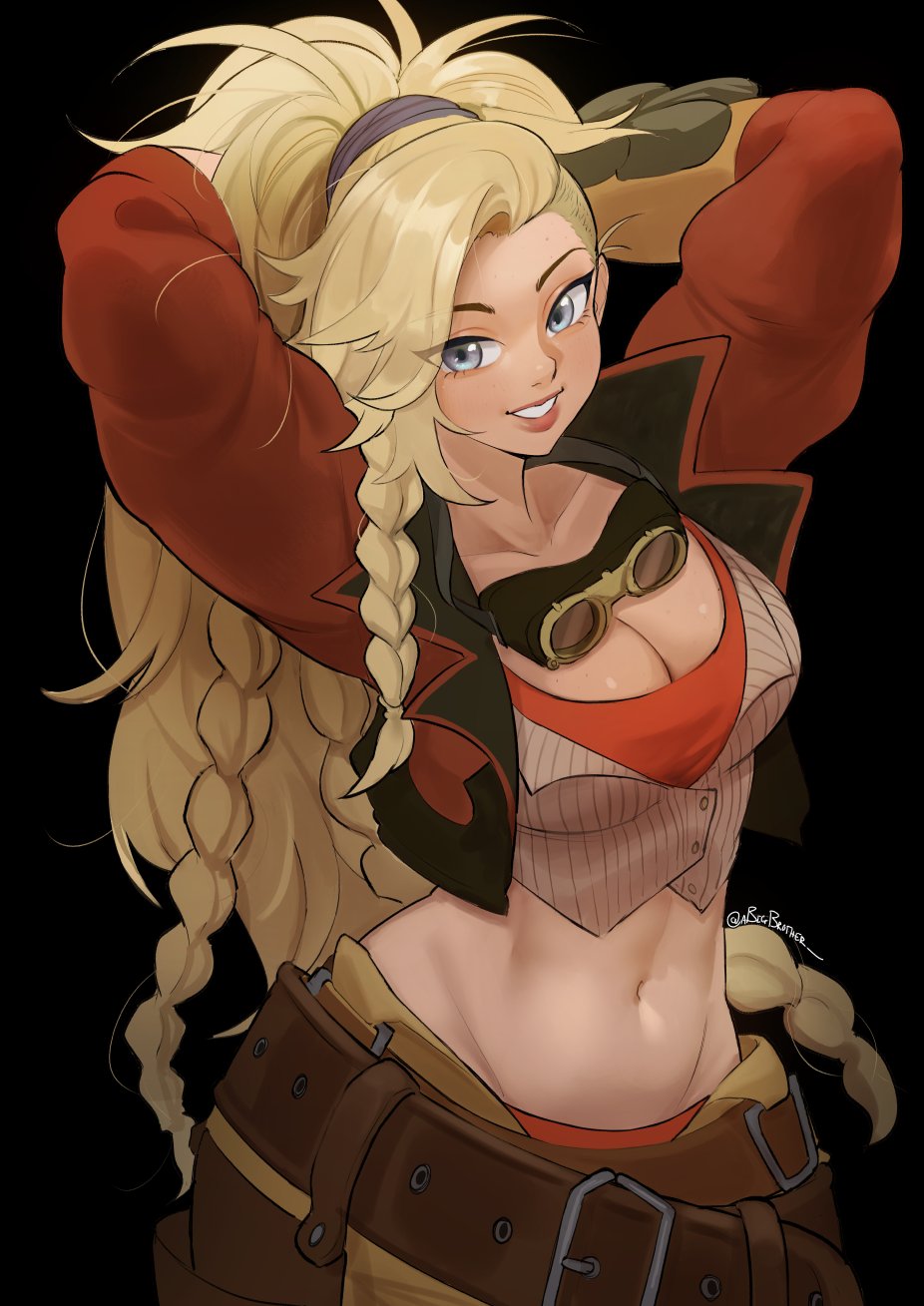 2024, abigbrother, adjusting hair, arm guards, arms up, artist name, asymmetrical gloves, asymmetrical hair, black background, blonde hair, blue eyes, braid, breasts, buckle, capcom, cleavage, collarbone, commentary, cropped jacket, english commentary, female, female focus, female only, gemma (monster hunter wilds), gloves, goggles, goggles around neck, grin, hair ornament, hair scrunchie, highres, jacket, lapels, large breasts, leather, leather belt, leather jacket, leather pants, lips, long hair, long sleeves, looking at viewer, messy hair, midriff, monster hunter (series), monster hunter wilds, navel, notched lapels, open clothes, open jacket, panties, pants, panty peek, red lips, red panties, scrunchie, shiny skin, simple background, smile, solo, standing, underwear, very long hair