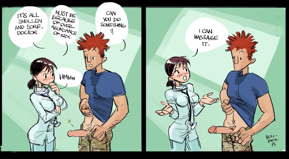 1boy, au (artist), big penis, boli-blog, comic, dialogue, doctor, female, male, penis, stethoscope, straight, text box
