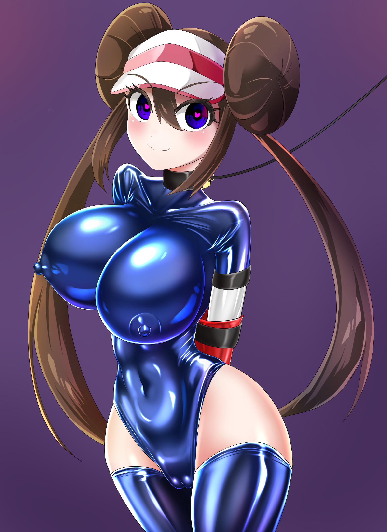 1girls, abs, arms behind back, big breasts, blue eyes, blue thighhighs, breasts, brown hair, cameltoe, choker, double bun, erect nipples, female, gloves, hat, heart-shaped pupils, high resolution, huge breasts, human, large breasts, latex, latex gloves, latex thighhighs, light skin, light-skinned female, long hair, mulligan (pixiv), nintendo, nipples, pale skin, pale-skinned female, pokemon, pokemon bw, pokemon bw2, purple background, pussy, rosa (pokemon), shiny clothes, thick thighs, thighhighs, thighs, tight clothing, twintails, voluptuous, wide hips
