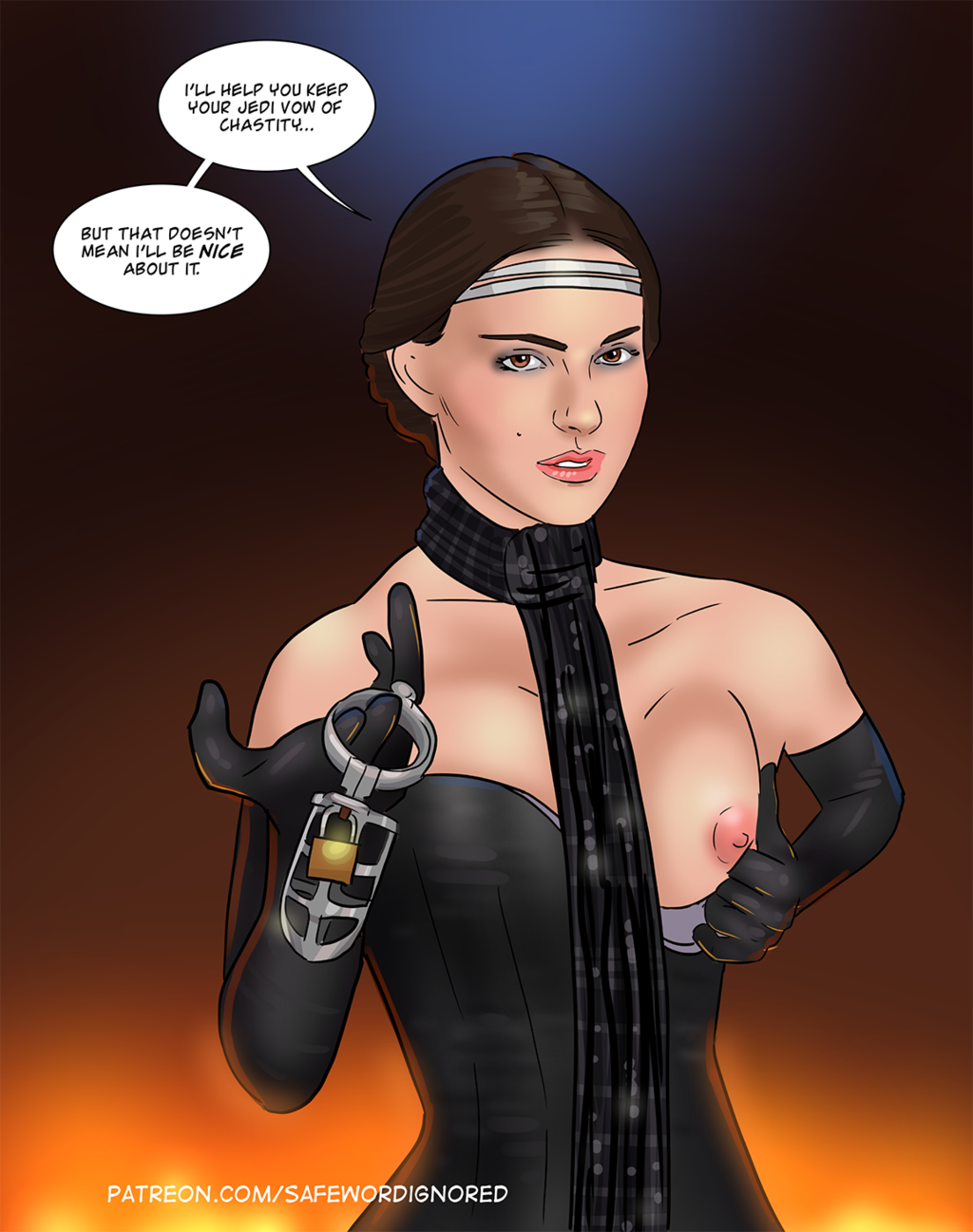 1girls actress anakin_skywalker areola attack_of_the_clones background beauty_mark black_clothing black_dress brainwashing breasts brown_eyes brown_hair celebrity chastity chastity_cage clothed clothed_female clothing corruption dialogue dominant_female domination elbow_gloves english_text eyeshadow female female_domination female_focus female_only femdom femdom_caption fire fireplace flashing flashing_breasts front_view fully_clothed gloves headband holding_chastity_cage holding_object human imminent_chastity implied_chastity light-skinned_female light_skin lipstick long_gloves looking_at_viewer medium_breasts natalie_portman neckwear nipple nipples offering_chastity offscreen_character one_breast_out padme_amidala patreon permanent_chastity pink_lipstick presenting presenting_breasts real_person realistic revenge_of_the_sith safewordignored scarf signature solo solo_focus speech_bubble standing star_wars talking_to_viewer text transformation url