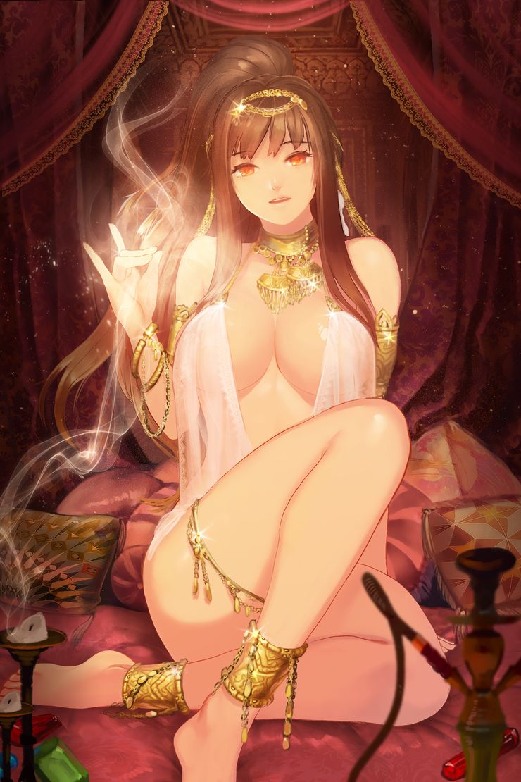 1girls amber_eyes brown_hair candle character_request circlet female harem_girl harem_outfit instant-ip jewelry large_breasts long_hair looking_at_viewer sitting smoke thick_thighs voluptuous