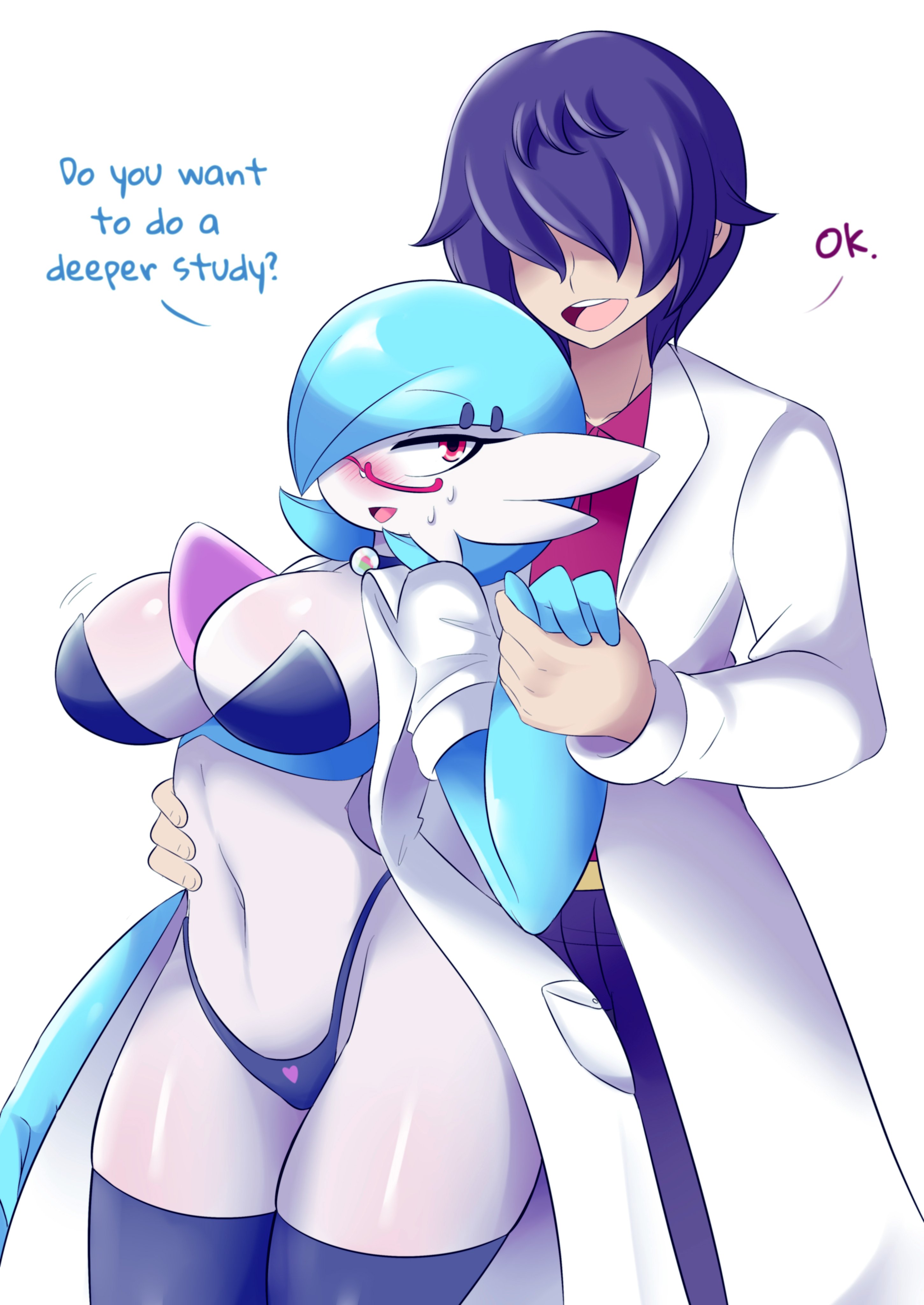 1boy, 1girls, abs, alternate color, anthro, anthrofied, breasts, cleavage, dialogue, dr. voir, female, gardevoir, hair covering eye, human, human on pokemon, looking at another, lucyfercomic, male, mega stone, midriff, nanosheep, nintendo, original character, partially clothed, pokémon (species), pokemon, pokemon (species), pokemon rse, red eyes, revealing clothes, shiny pokemon, shiny skin, speech, text, thick thighs, wide hips