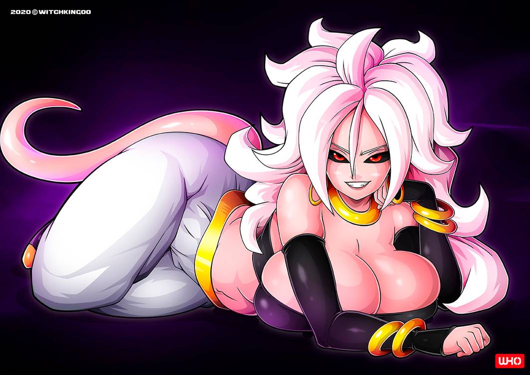 1girls, 2010s, android 21, black sclera, breasts, cleavage, dark persona, dragon ball, dragon ball fighterz, female, female only, huge breasts, humanoid, long hair, majin, majin android 21, monster girl, pink skin, pointy ears, red eyes, solo, solo female, tagme, tail, thighs, white hair, witchking00