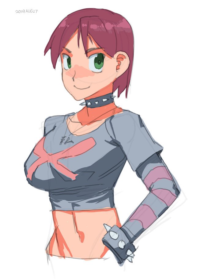 big_breasts birch_small brown_hair green_eyes looking_at_viewer magi midriff midriff_baring_shirt my_life_me necklace short_hair spiked_bracelet spiked_collar