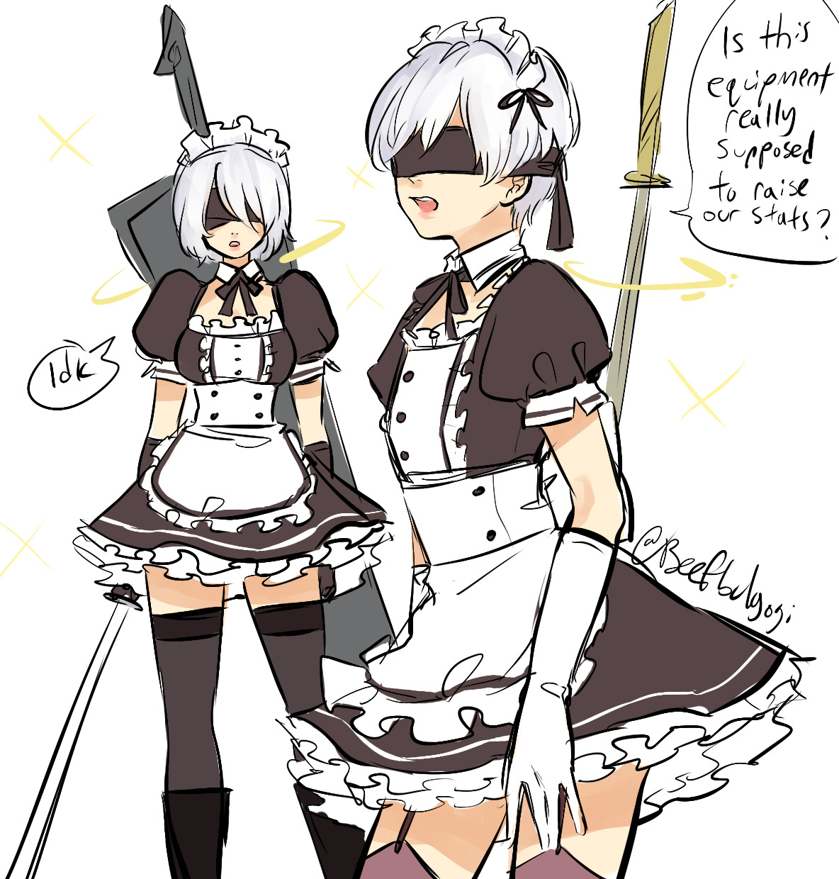 1boy, 1girls, artist request, blindfold, both sexes in same situation, crossdressing, cute, dialogue, english text, female, femboy, feminization, garter belt, garter straps, gloves, maid, maid headdress, maid uniform, male, nier: automata, plain background, sissification, sissy, speech bubble, text, white background, yorha 2b, yorha 9s