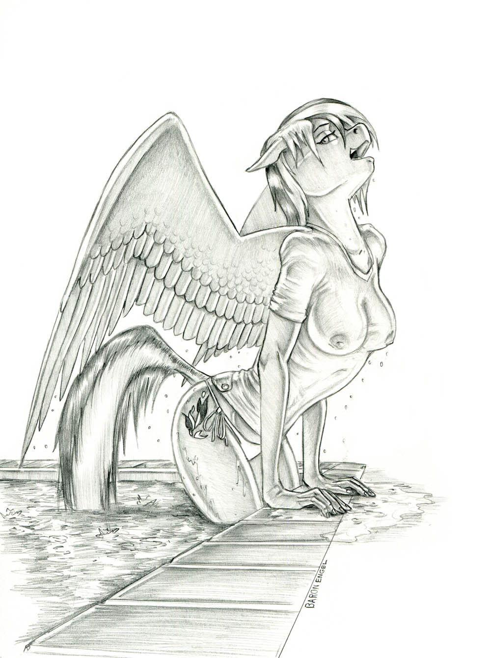 anthro anthrofied baron_engel bikini bikini_bottom breasts clothed clothing cutie_mark dock dripping_wet equid equine feathered_wings feathers female friendship_is_magic furry greyscale hi_res looking_at_viewer mammal monochrome my_little_pony nipples pegasus shirt simple_background smile solo spitfire_(mlp) swimming_pool swimwear topwear traditional_media_(artwork) translucent translucent_clothing wet wet_clothing wet_shirt wet_topwear white_background wings wonderbolts_(mlp)