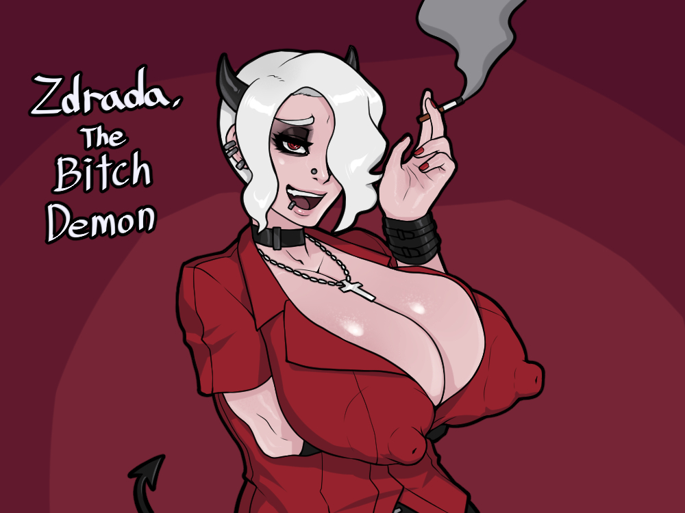 1girls, asymmetrical hair, big breasts, black tail, bracer, breasts, choker, cigarette, cleavage, cross necklace, demon, demoness, devil, ear piercing, ear piercings, erect nipples, erect nipples under clothes, female, female only, helltaker, horns, huge breasts, large breasts, lip piercing, looking at viewer, naughty face, nipples, nose piercing, office lady, piercings, pink lips, rampage0118, red eyes, red shirt, ringed eyes, seductive, seductive smile, shirt, smile, smoke, smoking, smug, solo, spade tail, succubus, thick nipples, white hair, zdrada (helltaker)