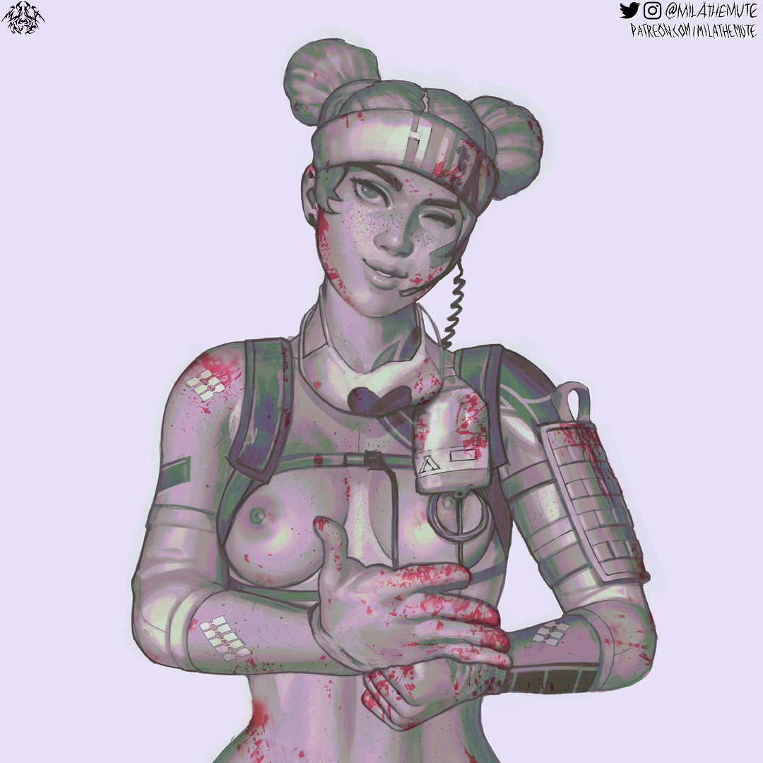 1girls, apex legends, areolae, blood, breasts, female, gloves, lifeline (apex legends), looking at viewer, medium breasts, mila the mute, nipples, solo, winking