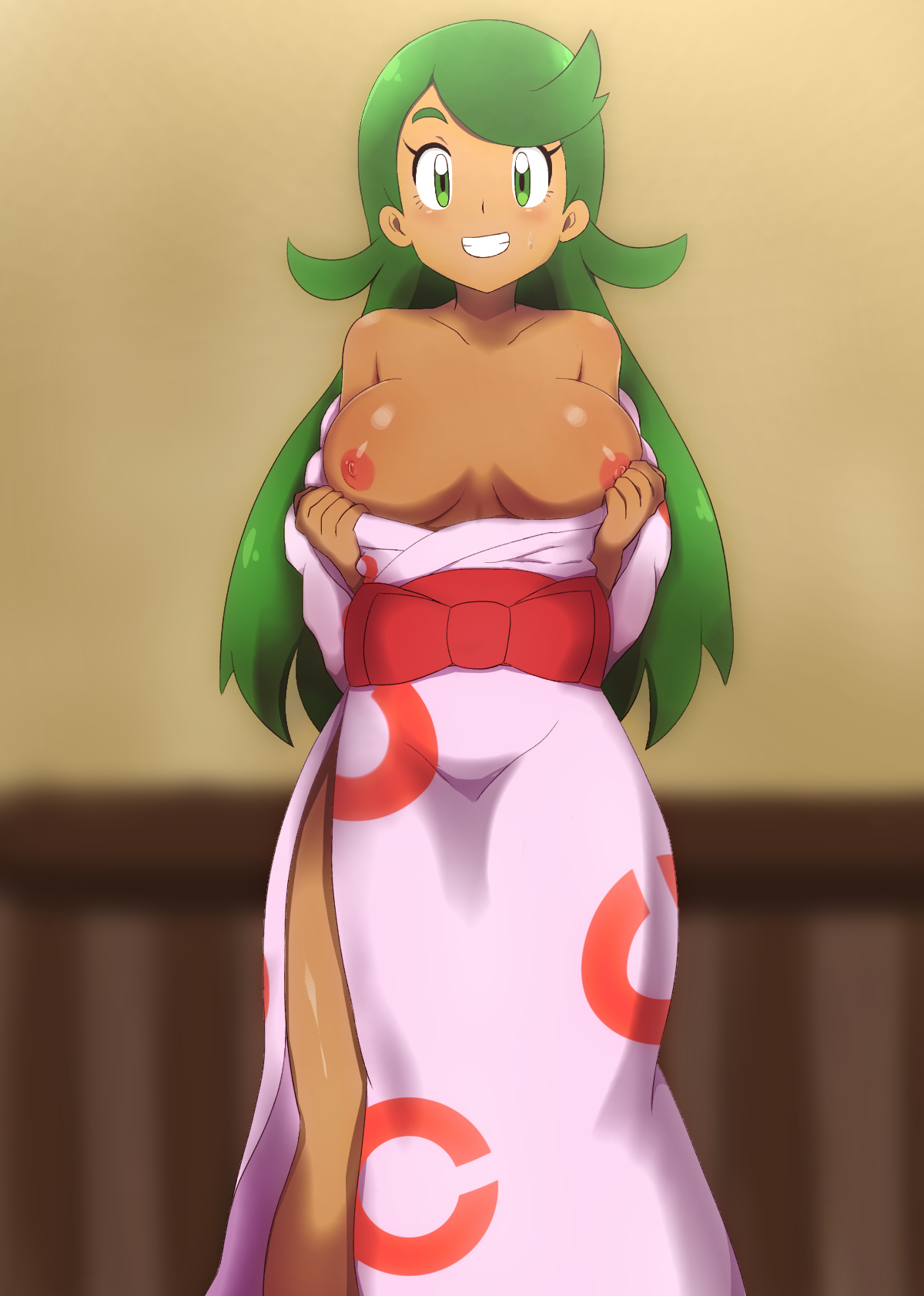 1girls, alternate ass size, alternate breast size, alternate costume, alternate outfit, areolae, blush, breasts, dark skin, dark-skinned female, female, green eyes, green hair, huge breasts, human, human only, japanese clothes, kimono, large breasts, long green hair, long hair, mallow (pokemon), nintendo, nipples, pokemon, pokemon sm, presenting, presenting breasts, smile, solo, standing, teenage girl, thick thighs, thighs, trial captain, undressing, vomqb0hqazddvcb, wide hips
