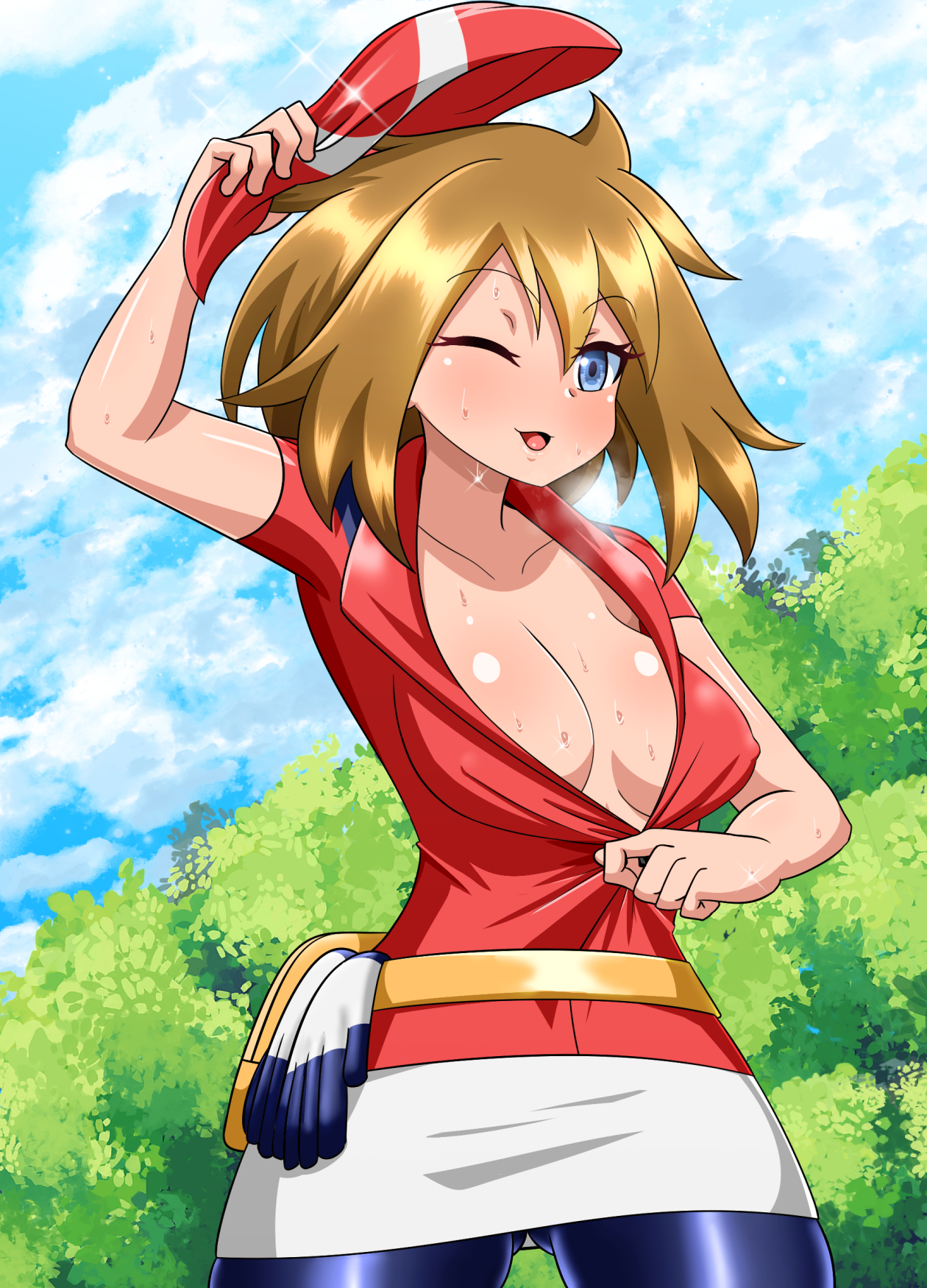 1girls, big breasts, blue eyes, breasts, brown hair, female, female only, human, may (pokemon), nintendo, pokemon, pokemon rse, short hair, solo, solo female, solo focus, sweating, teasing, yensh