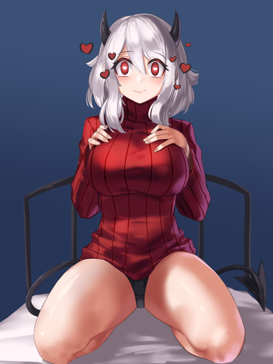 1girls 2020 bed bed_sheet black_panties blue_background breast_suppress breasts demon_girl demon_horns demon_tail female female_only hand_on_chest hand_on_own_chest heart heart-shaped_pupils helltaker highres horns kneeling large_breasts looking_at_viewer modeus_(helltaker) moroes panties pantyshot red_clothing red_eyes simple_background smile solo straight_hair sweater tail thick_thighs thighs turtleneck underwear white_hair