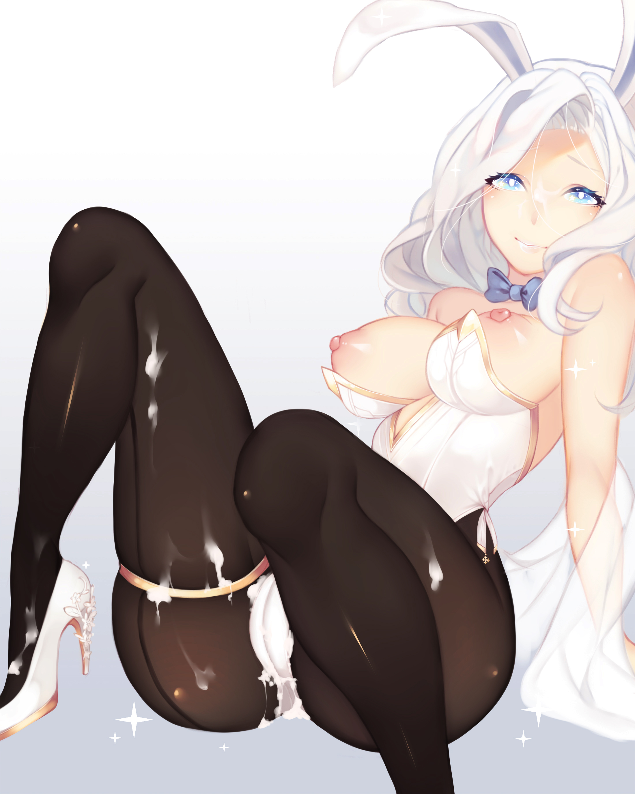 1girls, ashe (league of legends), big breasts, blue eyes, breasts, bunnysuit, cum, cum on body, cum on clothes, cum on pantyhose, female, female only, heels, league of legends, looking at viewer, nanoless, nipples, pussy, silver hair