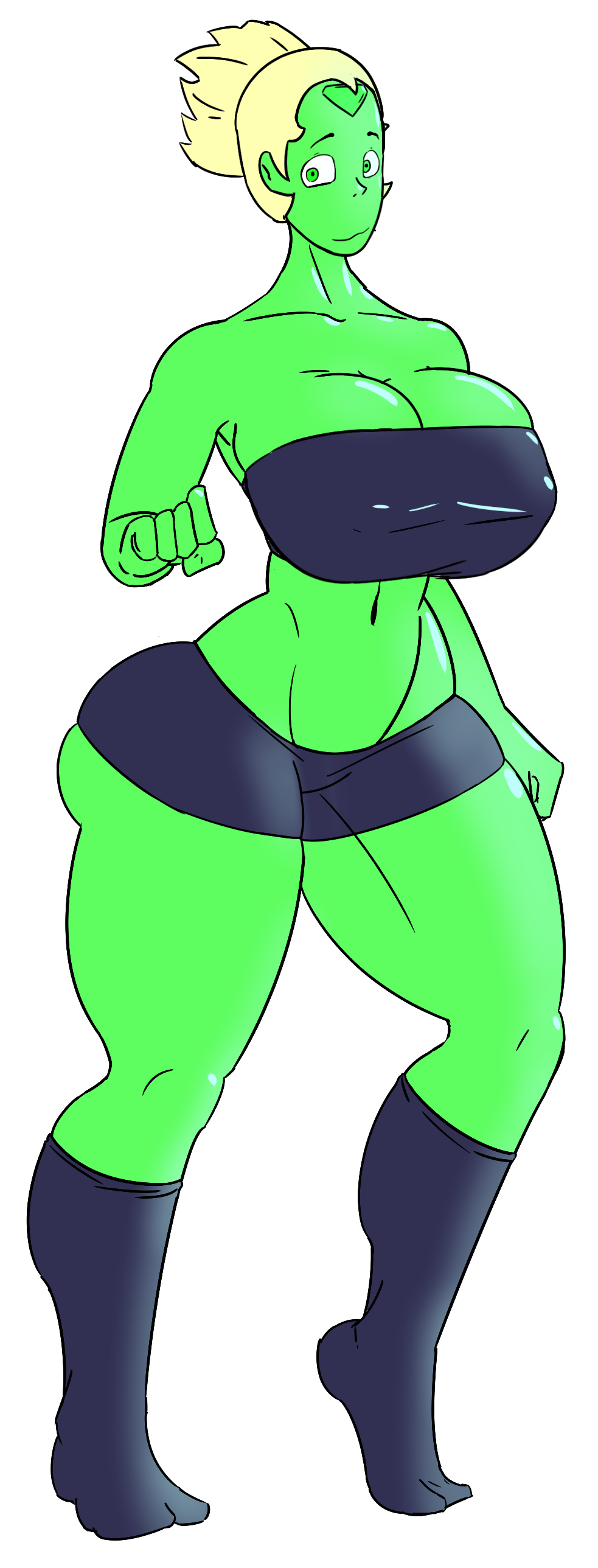 1girls 2017 5h4m3l355 alien alien_girl alien_humanoid alternate_breast_size alternate_hairstyle alternate_outfit big_breasts blonde_hair cartoon_network cleavage cleavage_cutout clenched_fists female female_only gem_(species) green_body green_pupils green_skin huge_breasts jogging looking_at_viewer peridot_(steven_universe) shorts smile smiling_at_viewer socks solo sports_uniform steven_universe thick_thighs thighs transparent_background wide_hips