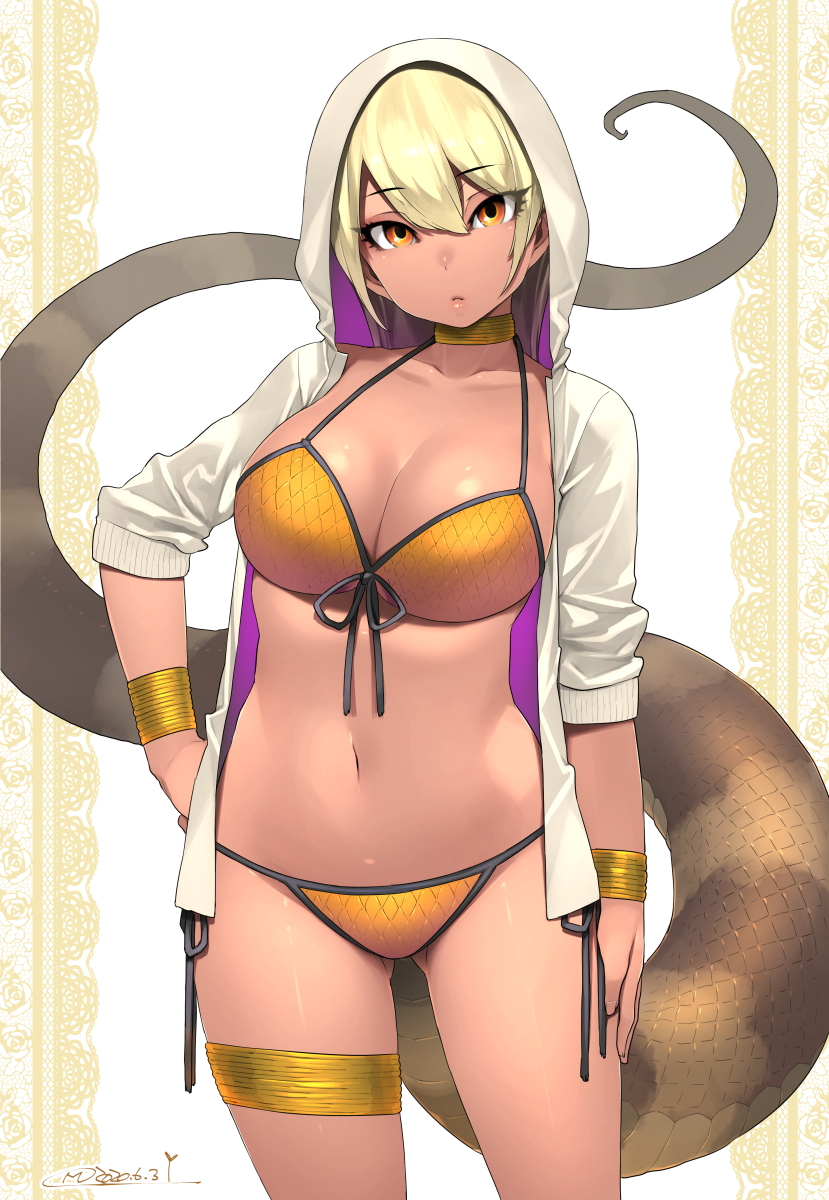 bikini blonde_hair choker cleavage dark-skinned_female dark_skin hood hoodie jewelry kemono_friends king_cobra king_cobra_(kemono_friends) long_tail looking_at_viewer navel shiny_skin short_hair snake solo solo_female solo_focus swimsuit tail thigh_gap wristband yellow_eyes