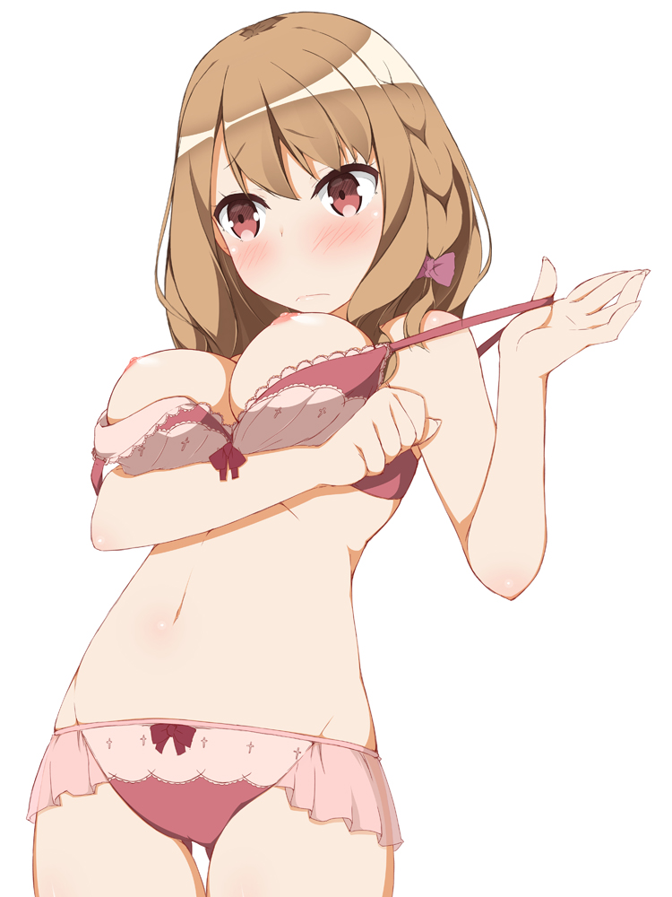 10s bangs blush bow bow_bra bow_panties bra braid breast_hold breasts brown_hair cowboy_shot female hairbow hinata_masaki imouto_sae_ireba_ii lingerie long_hair medium_breasts navel nipples panties red_eyes shirakawa_miyako solo strap_pull thigh_gap underwear undressing white_background