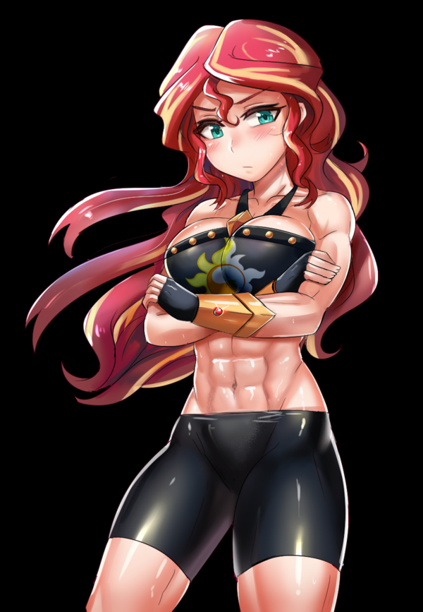 1girls abs aqua_eyes arms_crossed belly blonde_hair blush bracelet equestria_girls female fingerless_gloves fit friendship_is_magic iojknmiojknm large_breasts long_hair muscular_female my_little_pony navel red_hair sports_bra sunset_shimmer sweat sweaty thick_thighs tight_clothing workout_clothes