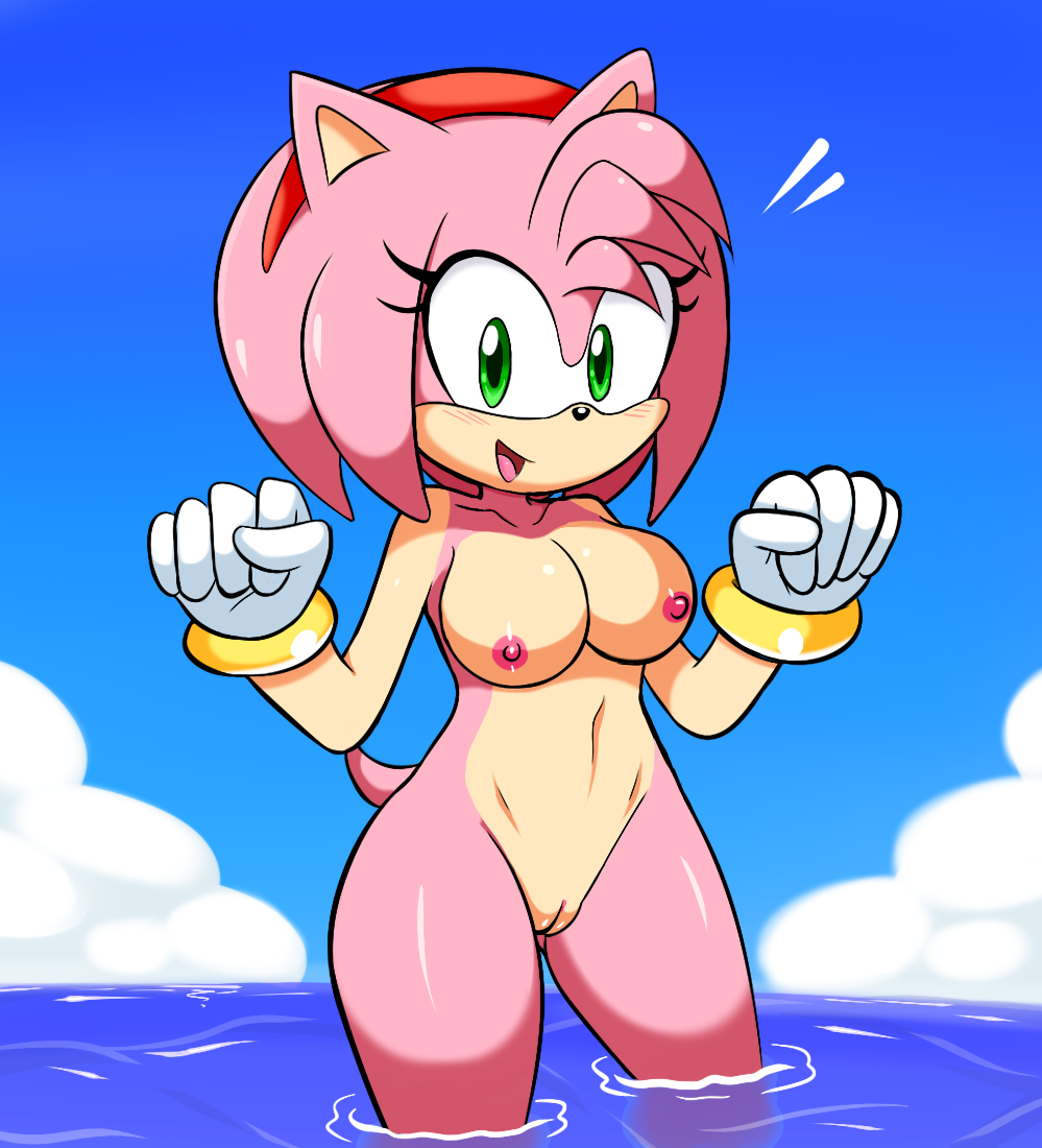 accessories only, amy rose, anthro, breasts, duplichance, exposed torso, female, footwear, footwear only, furry, gloves, handwear, handwear and footwear only, handwear only, hedgehog, humanoid, mostly nude, nipples, nude, ocean, outdoors, outside, pink body, pink hair, pussy, sea, smile, solo focus, sonic (series), water