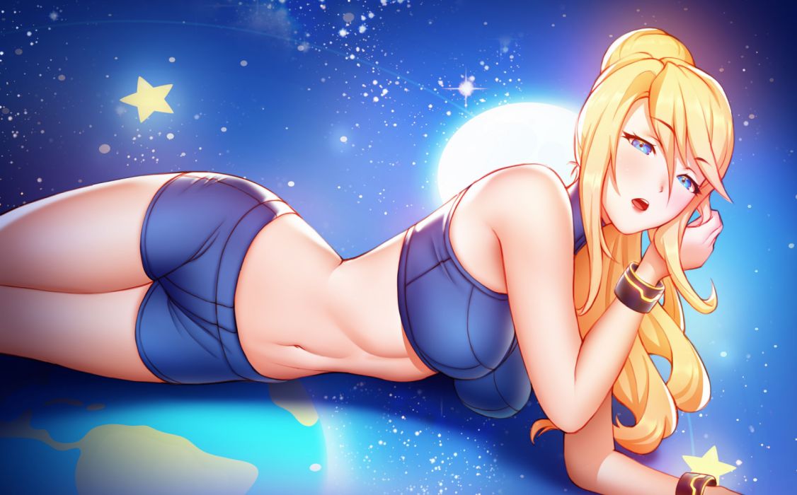 1girls blonde_hair blue_eyes female fringe looking_at_viewer metroid naughty_face nintendo pinkladymage ponytail samus_aran solo