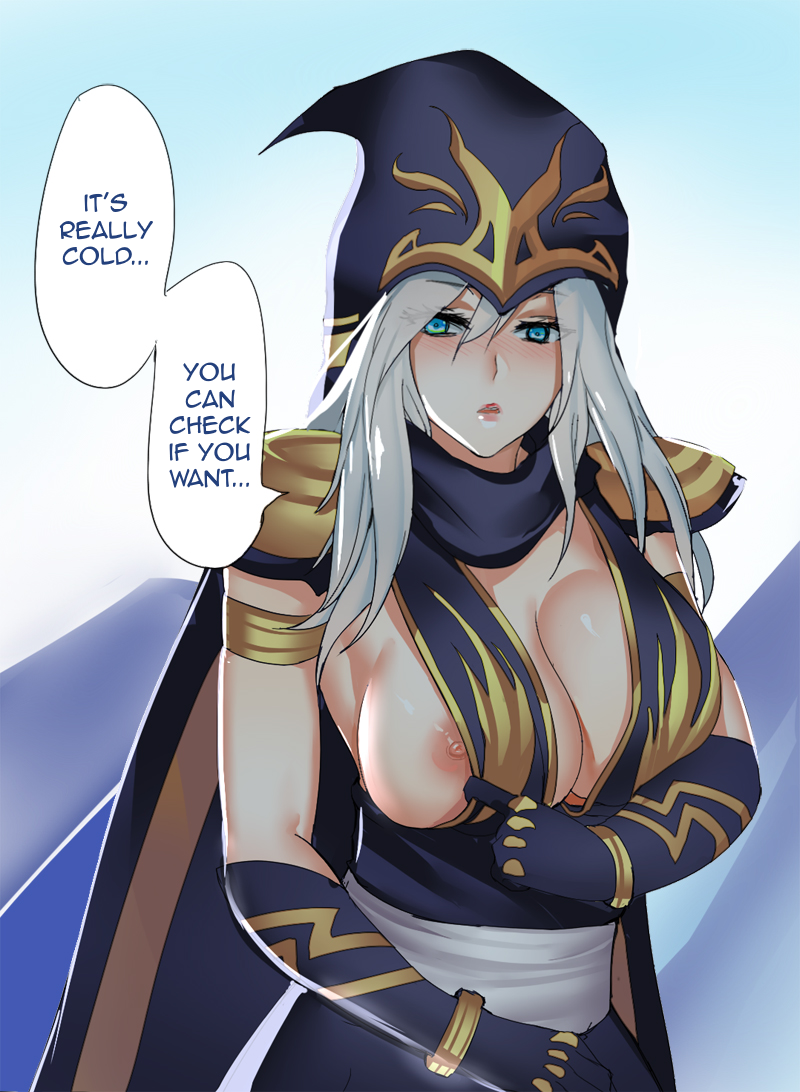 ashe (league of legends), big breasts, blue eyes, blush, breasts, erect nipples, exposed nipple, female, large breasts, league of legends, nipple slip, nipples, pd, shawl, shoulder pads