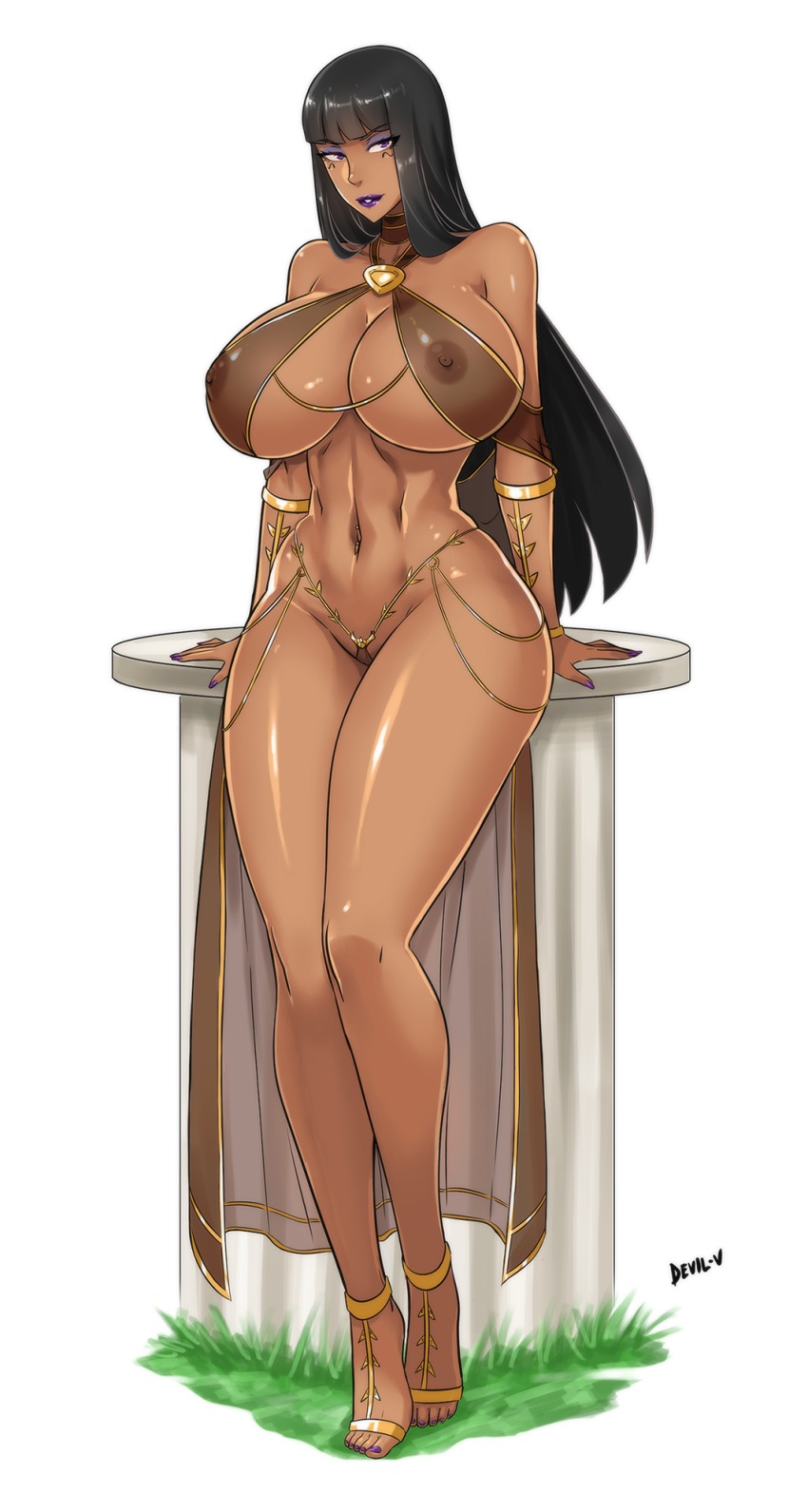 barefoot big_breasts black_hair dark-skinned_female dark_skin devil-v egyptian female huge_breasts legend_of_queen_opala naughty_face osira seductive solo thick_thighs