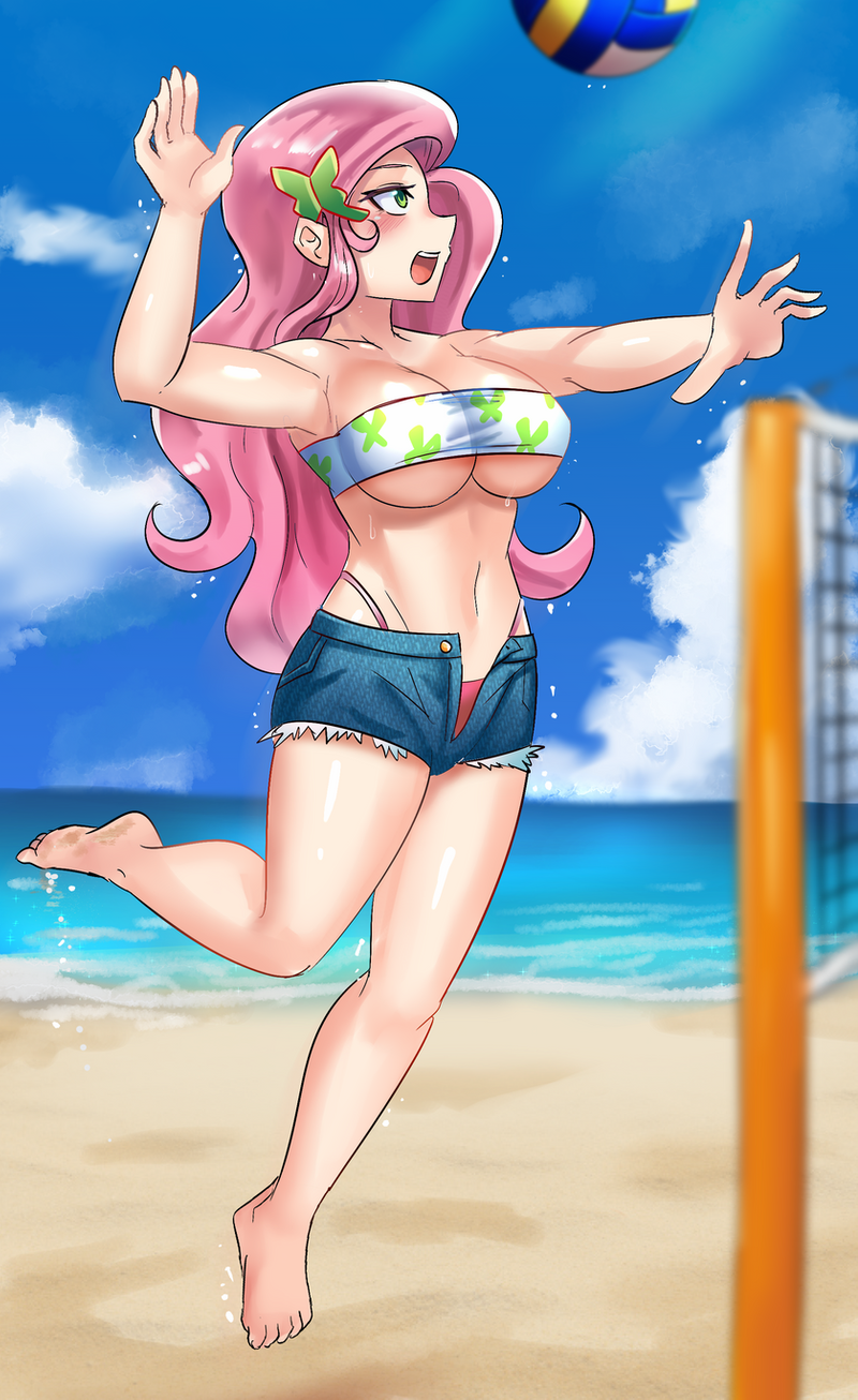 1girls aqua_eyes beach belly cleavage female fit fit_female fluttershy_(mlp) friendship_is_magic hairclip humanized iojknmiojknm jumping large_breasts my_little_pony pink_hair sand seaside short_shorts straight_hair thong tubetop underboob volleyball volleyball_net voluptuous