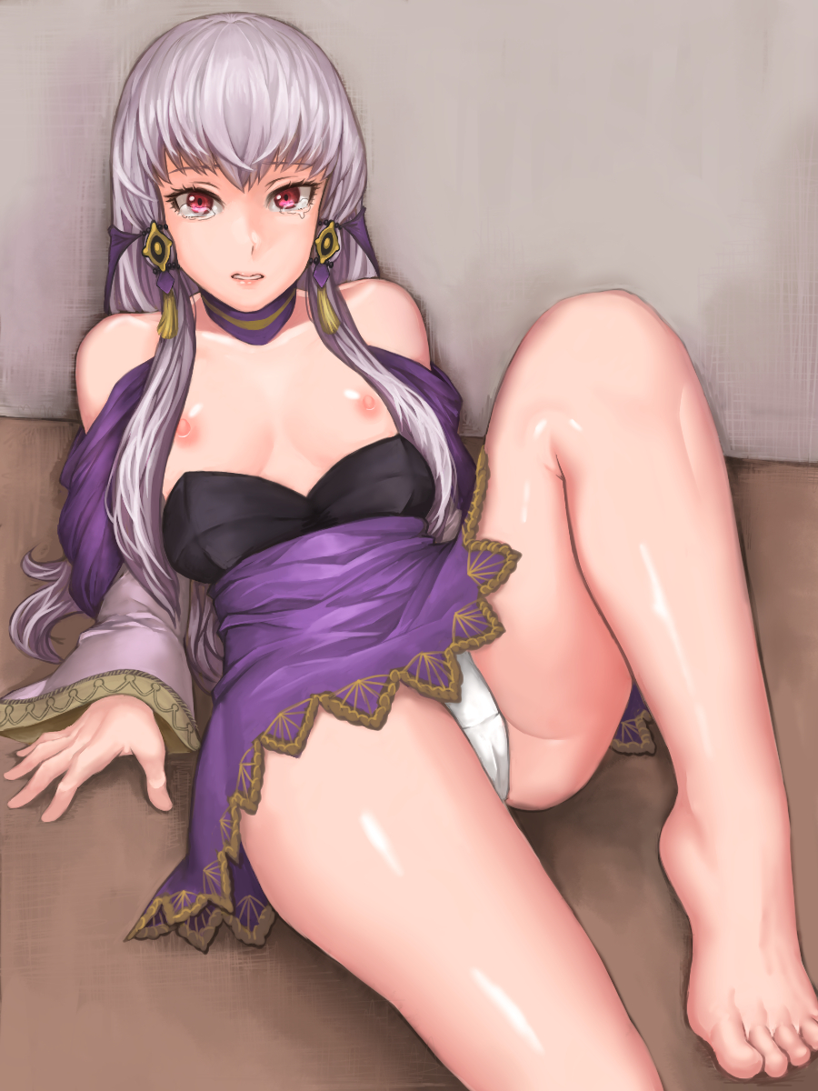 1girls, barefoot, breasts, breasts out, dress, female, female only, fire emblem, fire emblem: three houses, hair ornament, highres, long hair, long sleeves, lying, lysithea von ordelia, nintendo, nipples, on back, panties, pantyshot, parted lips, pink eyes, pocari66, small breasts, solo, tearing up, underwear, upskirt, white hair, white panties
