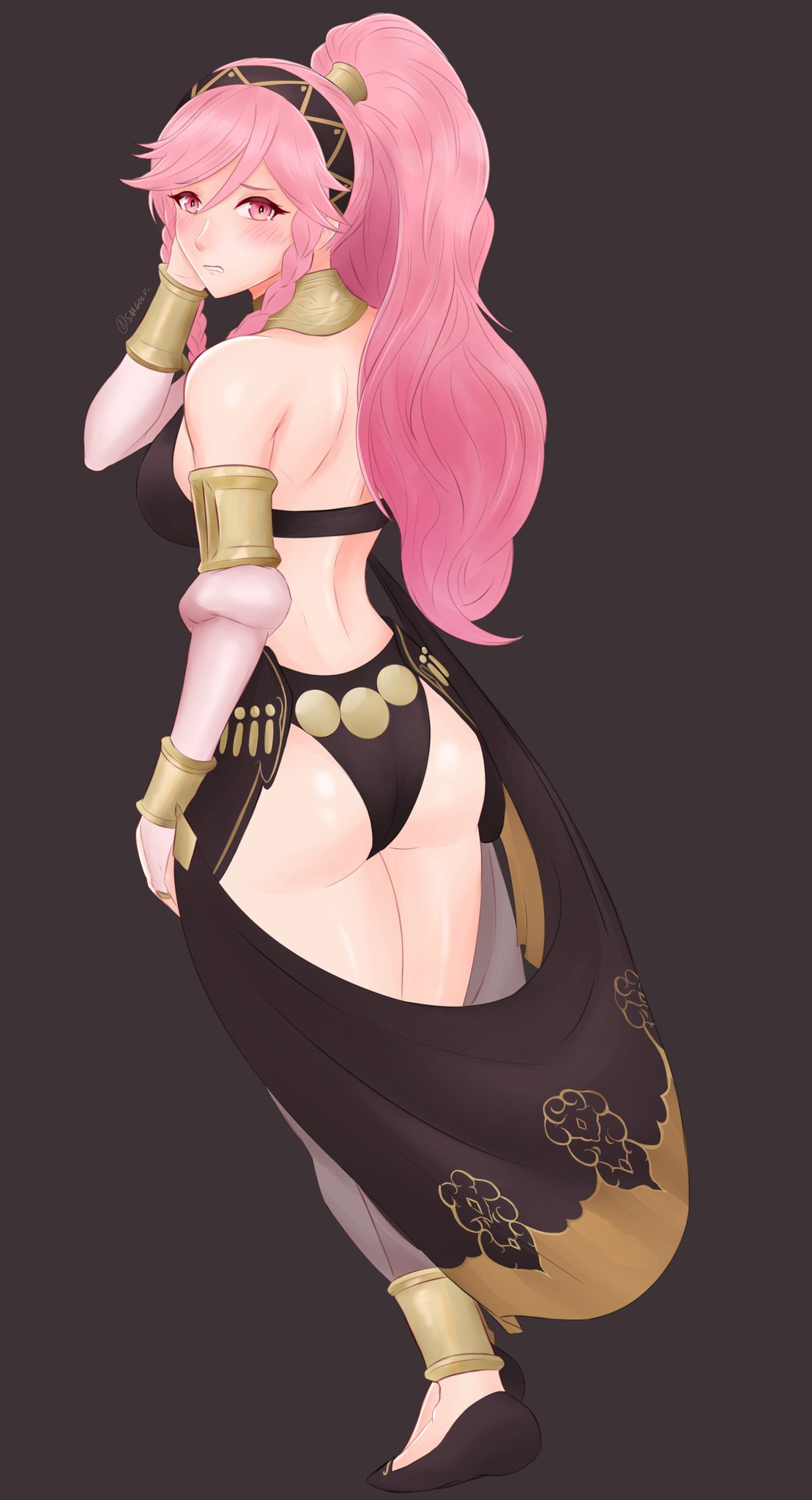 arabian clothes, ass, back, bare shoulders, black background, black bra, black panties, blush, breasts, choker, cowboy shot, dancer, detached sleeves, embarrassed, female, fire emblem, fire emblem awakening, fire emblem heroes, hairband, harem outfit, long hair, looking at viewer, looking back, olivia (fire emblem), panties, pink eyes, pink hair, ponytail, sideboob, simple background, sleeves, smgold, underwear
