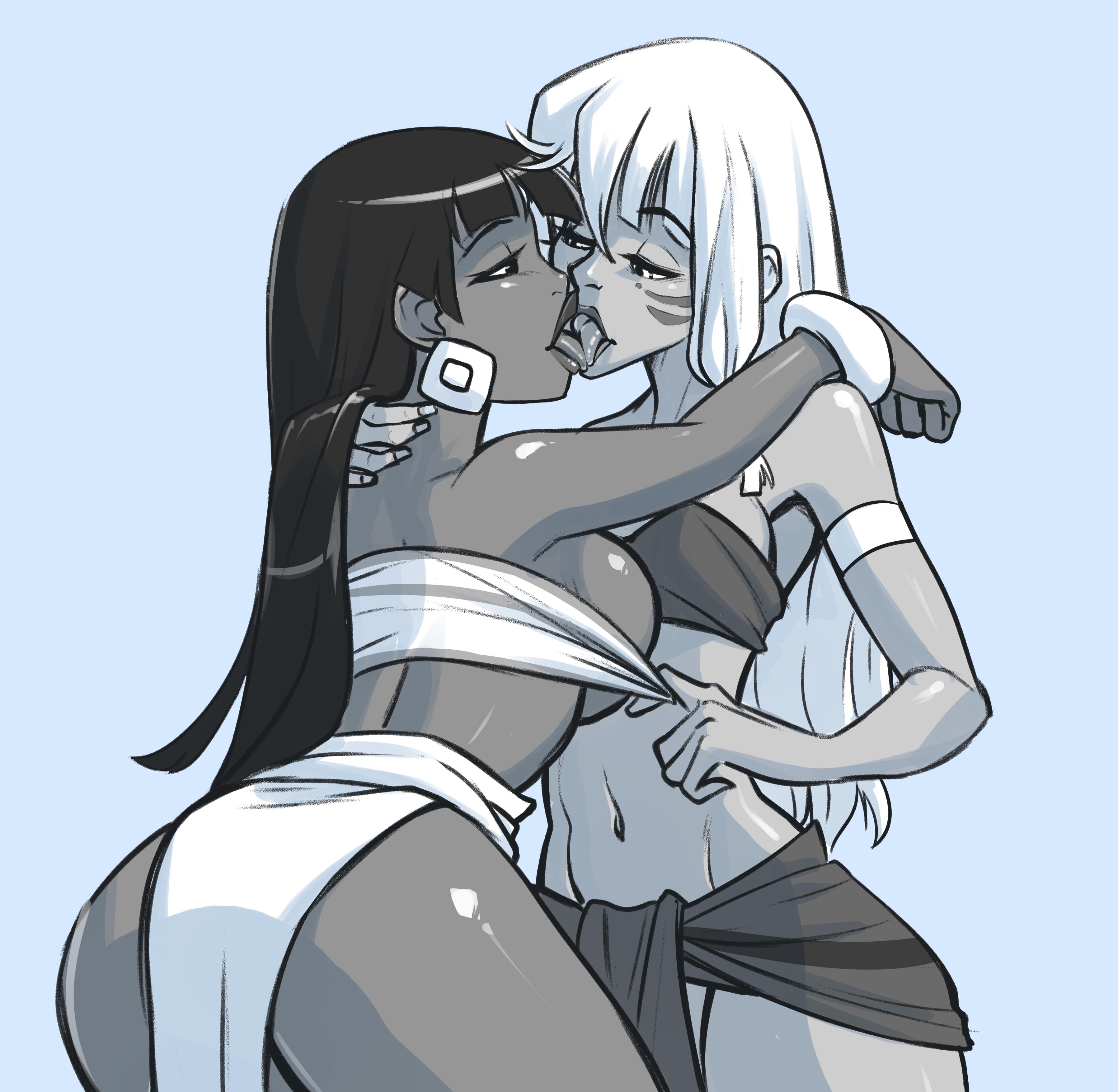 2girls, armband, atlantis: the lost empire, black hair, bracelet, breasts, brown eyes, chel, clothing, crossover, dark skin, dark-skinned female, dirtyero (artist), disney, dreamworks, earrings, female, french kiss, fringe, hime cut, hourglass figure, jewelry, kida, kissing, large breasts, latina, multiple females, multiple girls, native american, necklace, petite, the road to el dorado, tongue kiss, white hair, wide hips, yuri