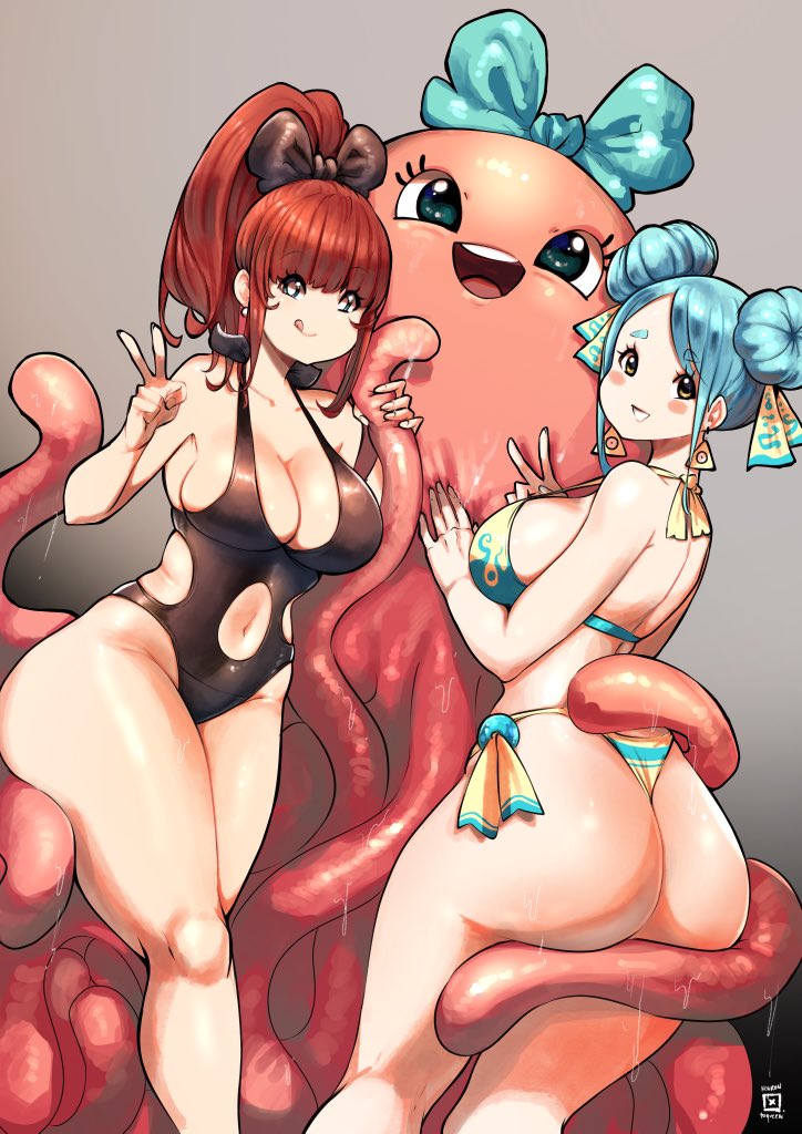 2girls :p ass big_ass big_breasts big_butt big_eyes bikini blue_hair breasts clothed clothed_female clothing double_bun female fully_clothed human kenron_toqueen licking_lips long_hair monster multiple_girls octopus one-piece_swimsuit peace_sign ponytail red_hair ribbon smile swimsuit tentacle tentacle_grab thick_thighs tomatita v wide_hips