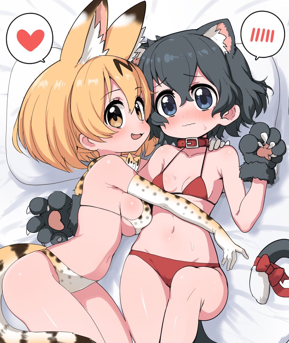 2girls animal_ears bare_shoulders bikini black_hair blonde_hair blue_eyes blush cat_ears cat_tail commentary_request elbow_gloves extra_ears eyebrows_visible_through_hair gloves kaban_(kemono_friends) kemono_friends looking_at_viewer multiple_girls no_hat no_headwear print_neckwear ransusan red_shirt serval_(kemono_friends) serval_ears serval_girl serval_print shirt short_hair short_sleeves shorts sleeveless swimsuit tail translated white_shirt yuri