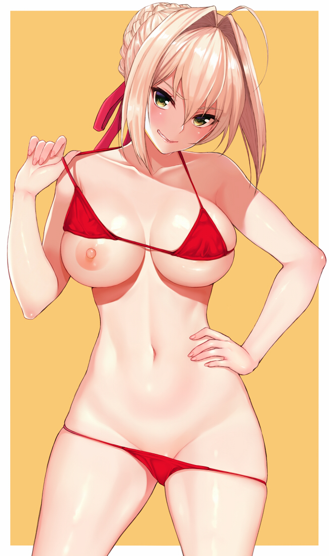 ahoge bangs bikini bikini_lift blonde_hair blush border braid breasts cocq_taichou fate/extra fate_(series) female female french_braid green_eyes hair_between_eyes hair_bun hair_intakes hand_on_hip large_breasts long_hair looking_at_viewer navel nero_claudius_(fate) nipples red_bikini smile solo strap_pull swimsuit thighs tied_hair white_border yellow_background