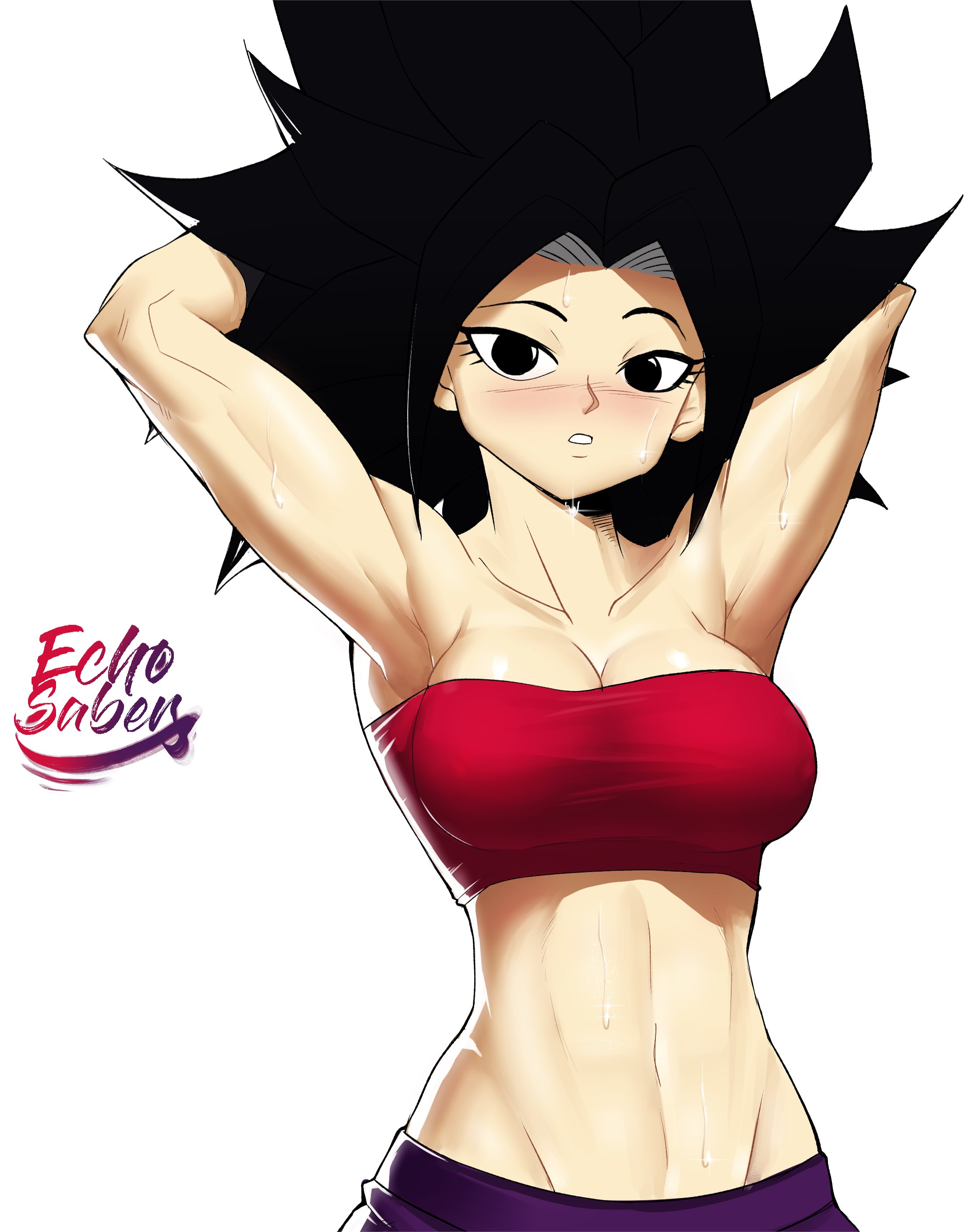 1girls, abs, armpits, arms behind head, arms up, big breasts, black eyes, blush, blushing, breasts, caulifla, dragon ball, dragon ball super, echosaber, female, female only, female saiyan, fully clothed, saiyan, solo, solo female, solo focus, spiky hair, sweat, sweatdrop, sweating, sweaty, sweaty abs, universe 6, universe 6/universe 7