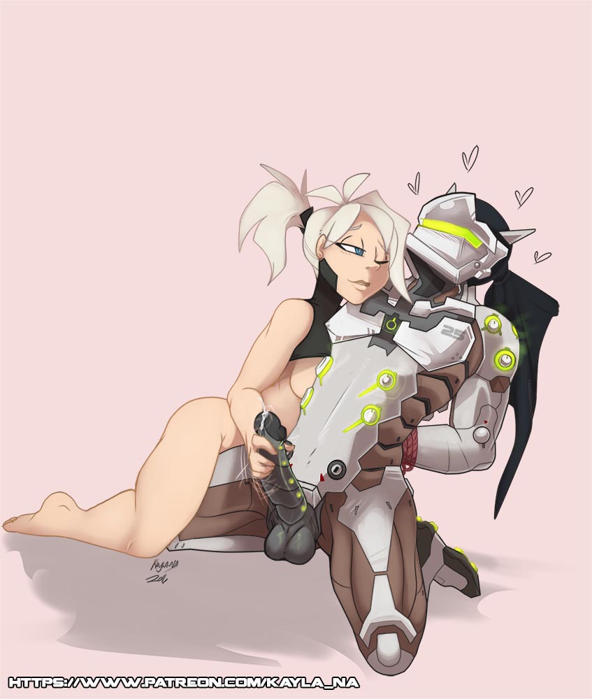 1boy 1girls armor asian_male_white_female big_balls big_penis blonde_hair blue_eyes blush climax cum cumming cybernetics cyborg femdom gency genji handjob heart kayla-na looking_at_partner malesub mask masked mercy naked one_eye_closed overwatch ponytail thick_thighs thighs tied_up