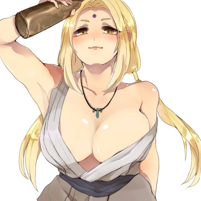 1girls, arm up, armpits, bare shoulders, blonde hair, bottle, breasts, brown eyes, cleavage, drunk, facial mark, female, female only, forehead mark, gemo (maru0903), jewelry, large breasts, long hair, looking at viewer, naruto, naruto (series), naruto shippuden, necklace, off shoulder, shiny, shiny skin, simple background, sleeveless, tied hair, tsunade, twintails, upper body, white background